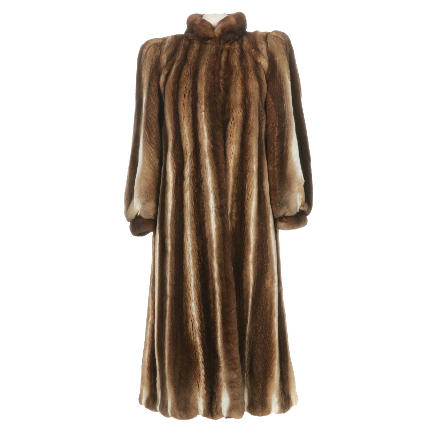 Rex Rabbit Fur Coffee and Cream Striped Full-Length Coat