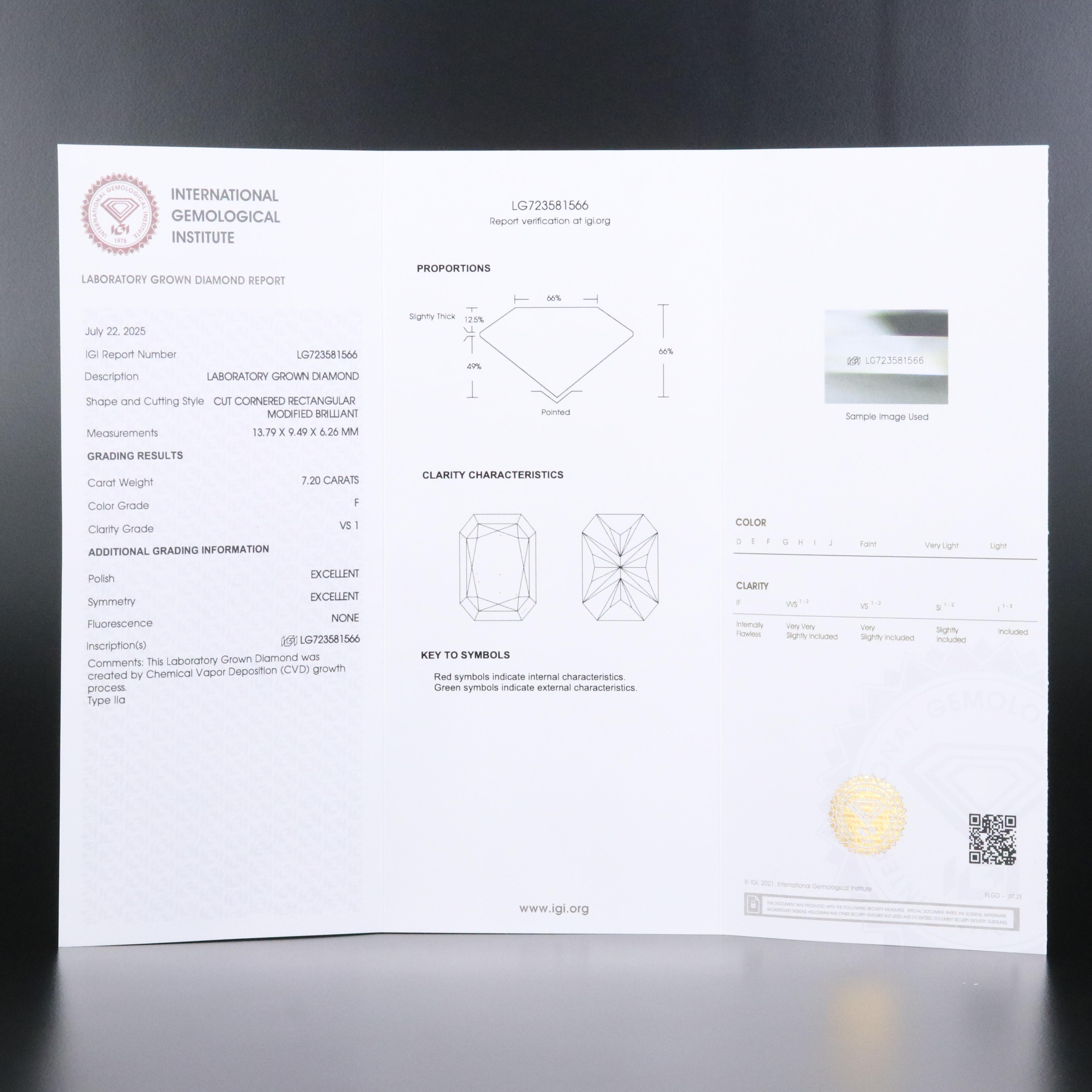 Loose 7.20 CT Lab Grown Diamond with IGI Report