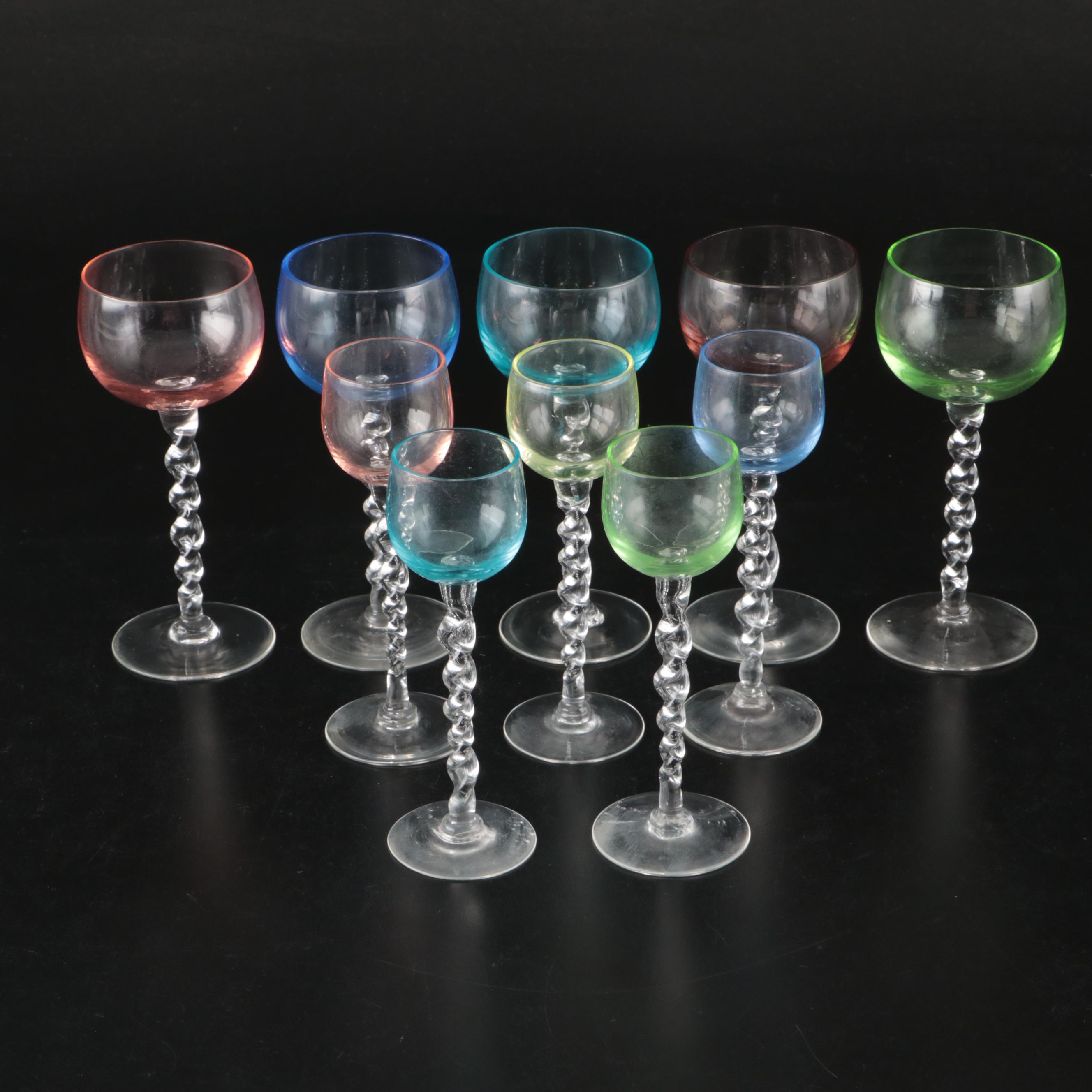 Spiral Stem Cordial and Wine Glasses with Colored Bowls