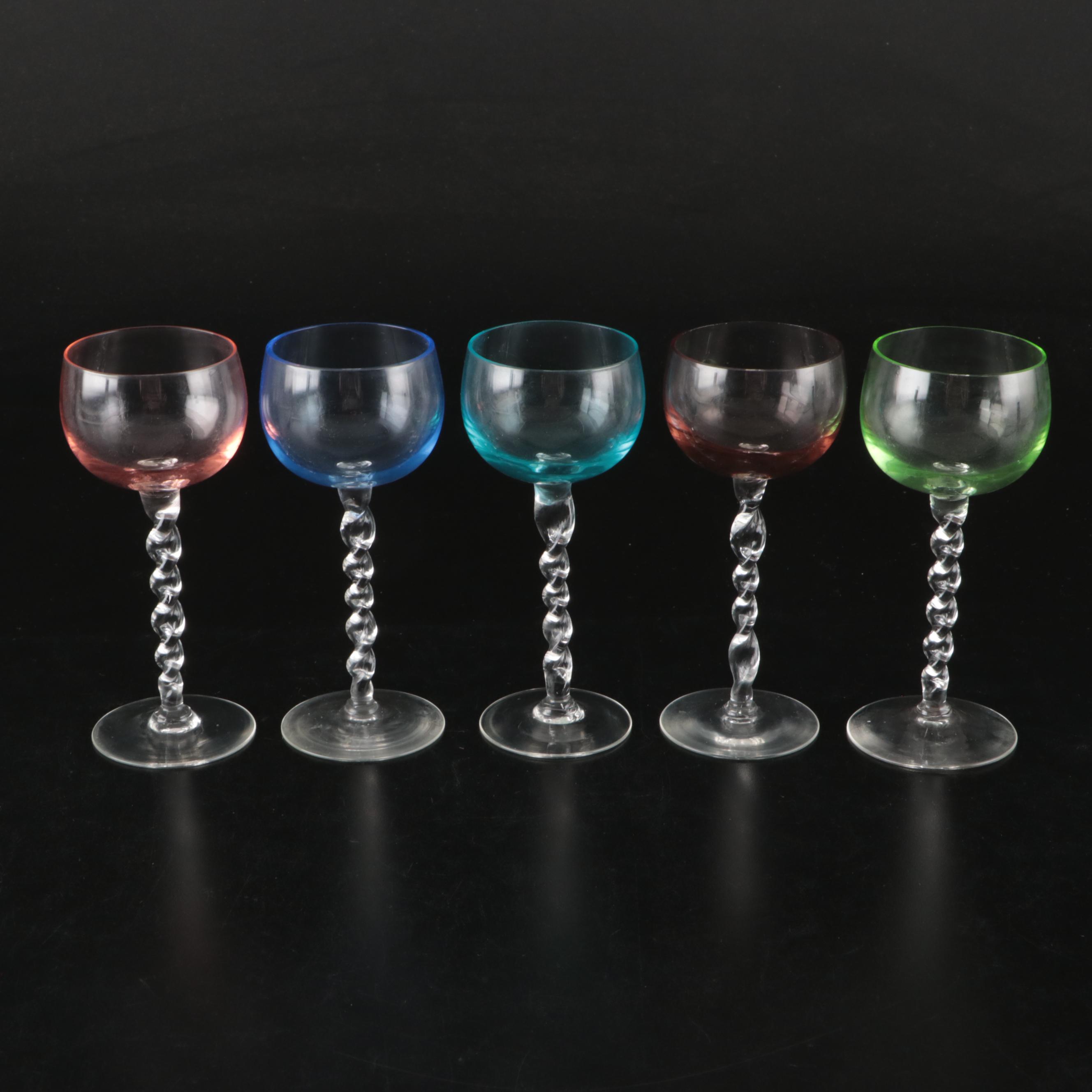 Spiral Stem Cordial and Wine Glasses with Colored Bowls