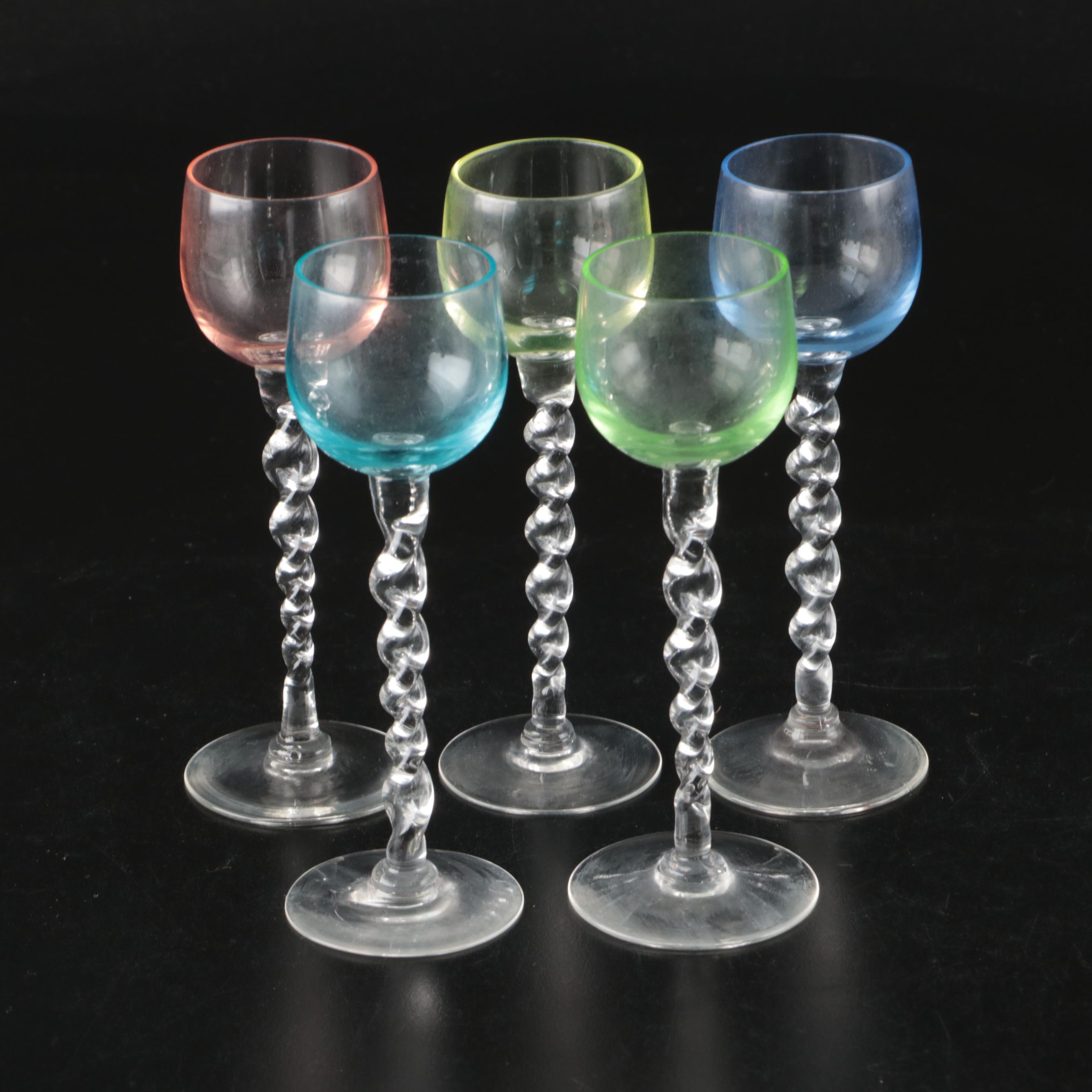 Spiral Stem Cordial and Wine Glasses with Colored Bowls