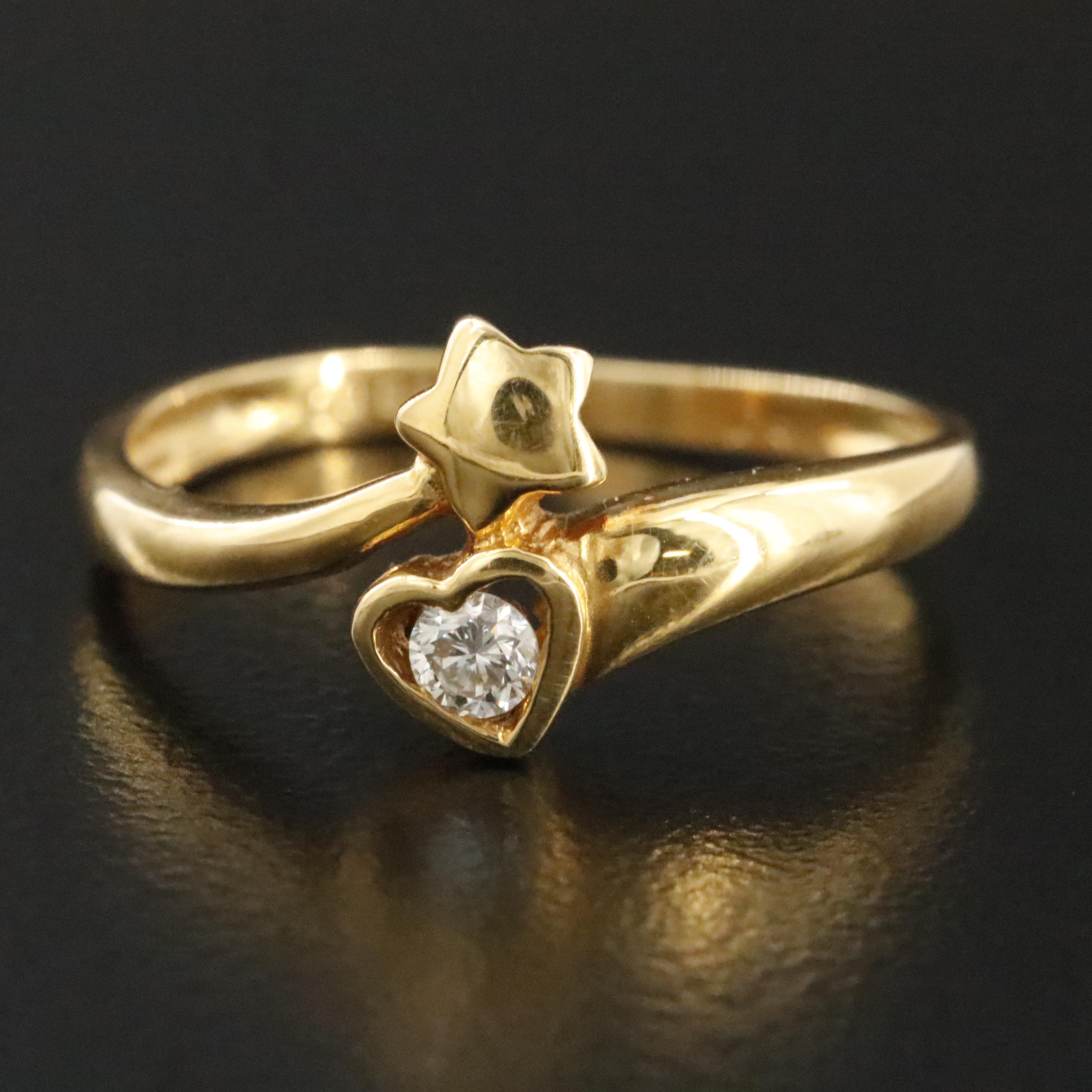18K 0.08 CT Diamond Heart and Star Bypass Ring