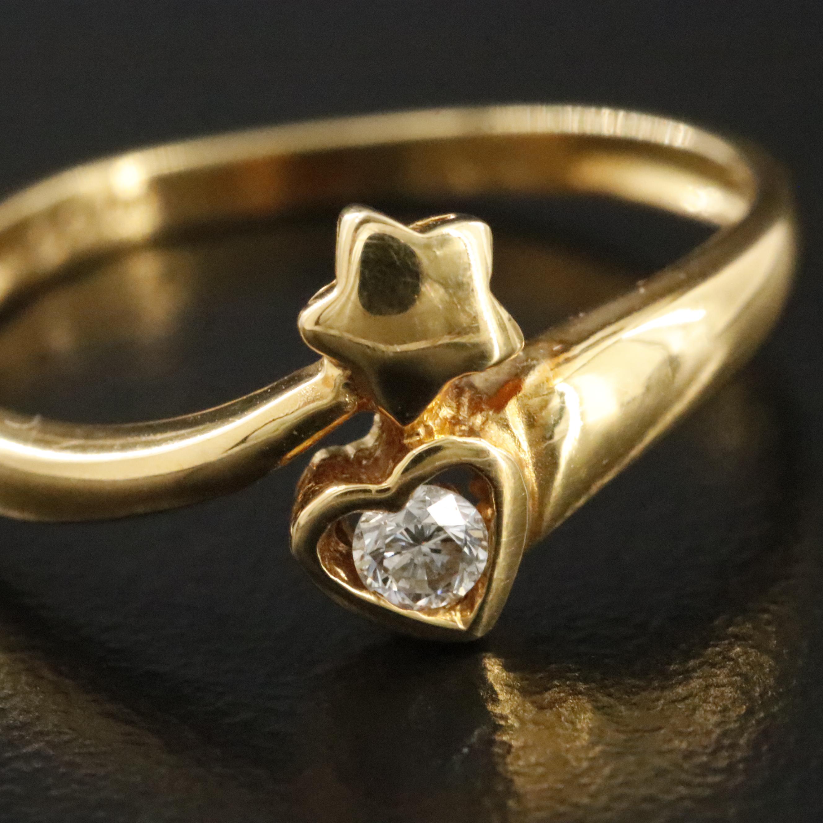 18K 0.08 CT Diamond Heart and Star Bypass Ring