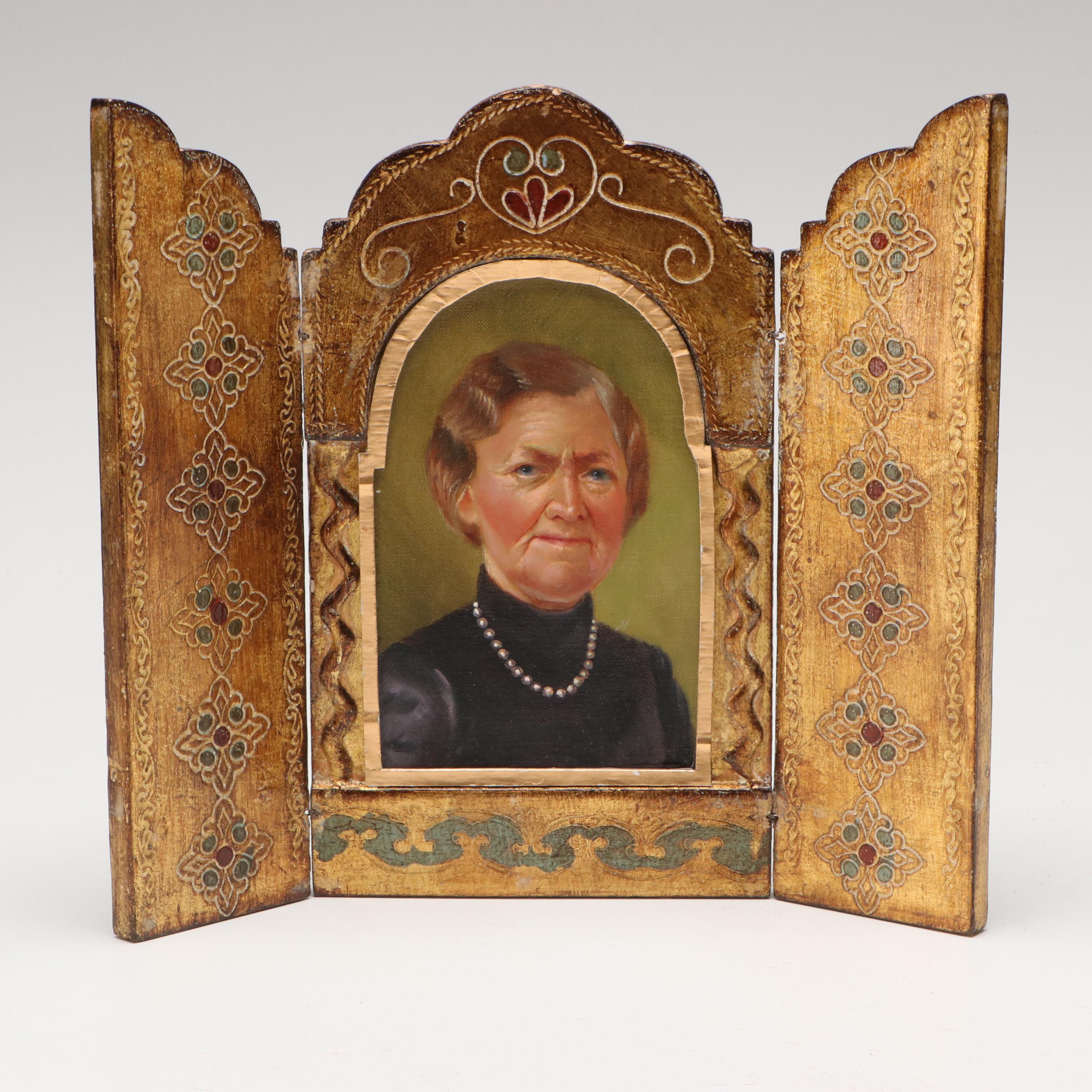 Portrait Oil Painting in Florentine Gilt Triptych Folding Frame