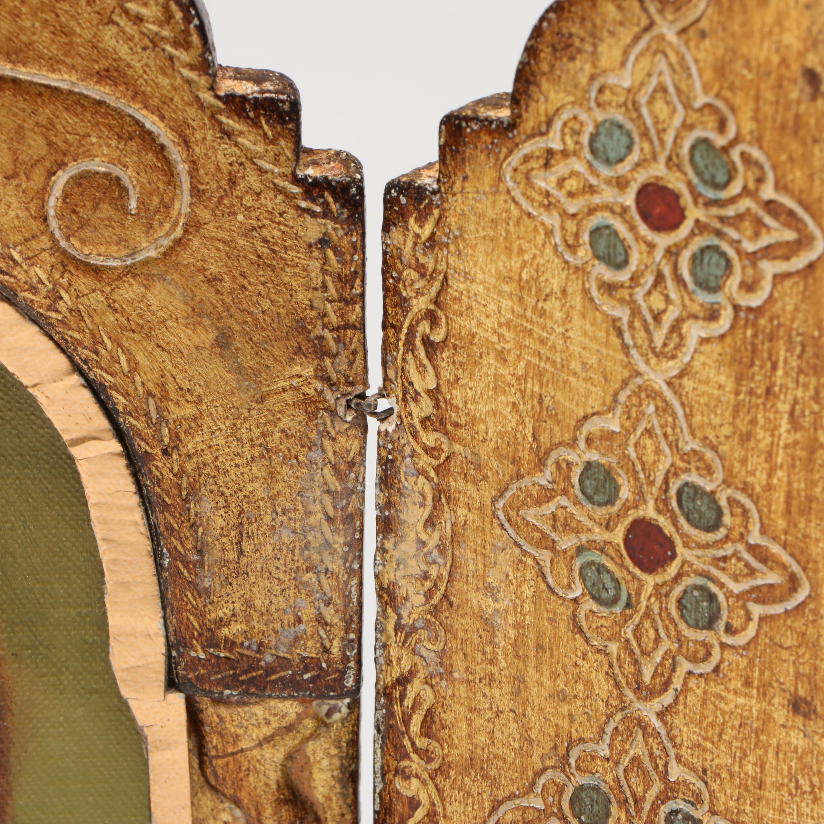 Portrait Oil Painting in Florentine Gilt Triptych Folding Frame