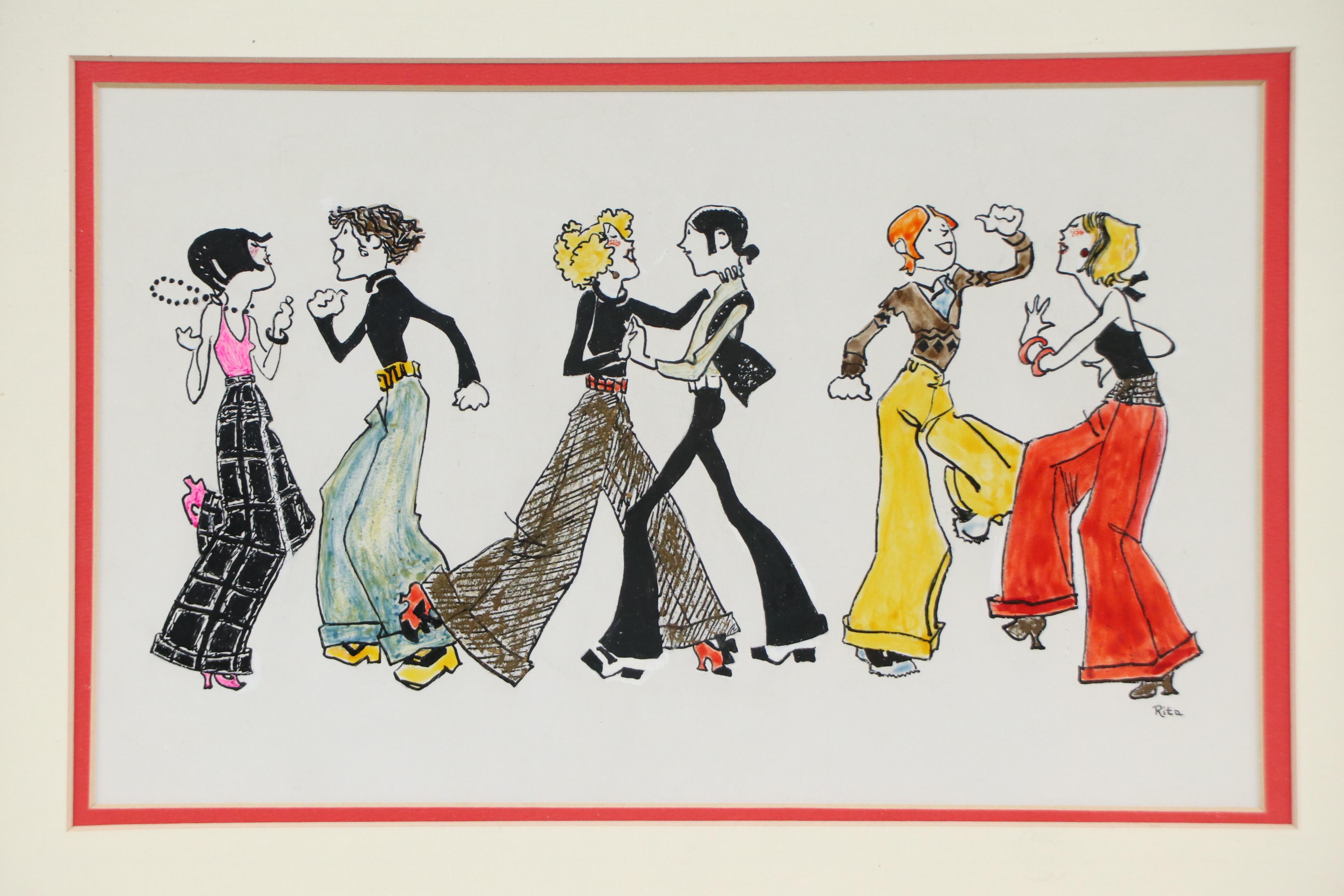 Mixed Media Painting of Couples Dancing, Mid-20th Century