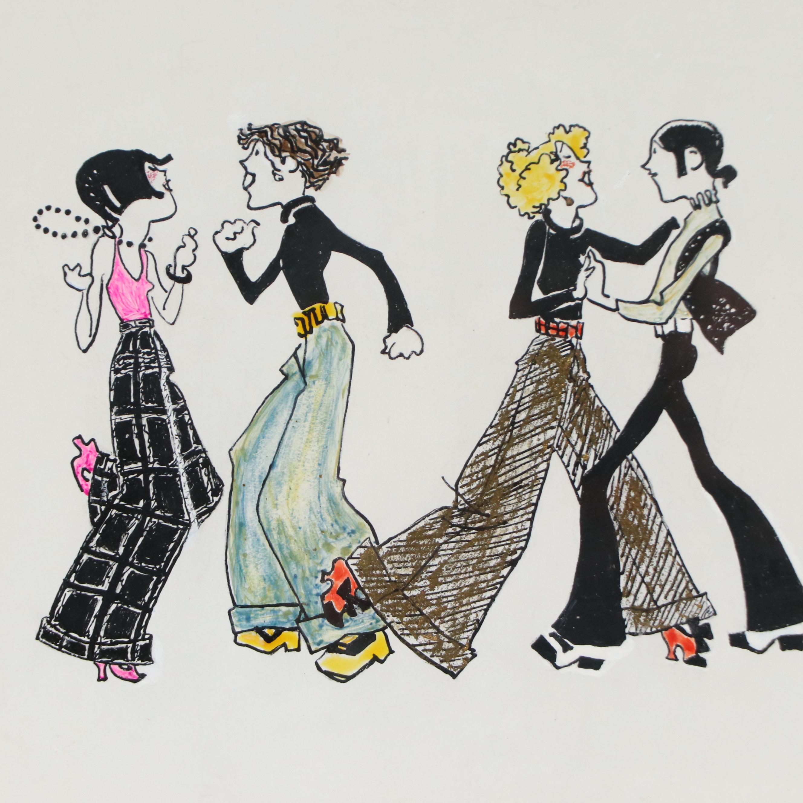 Mixed Media Painting of Couples Dancing, Mid-20th Century