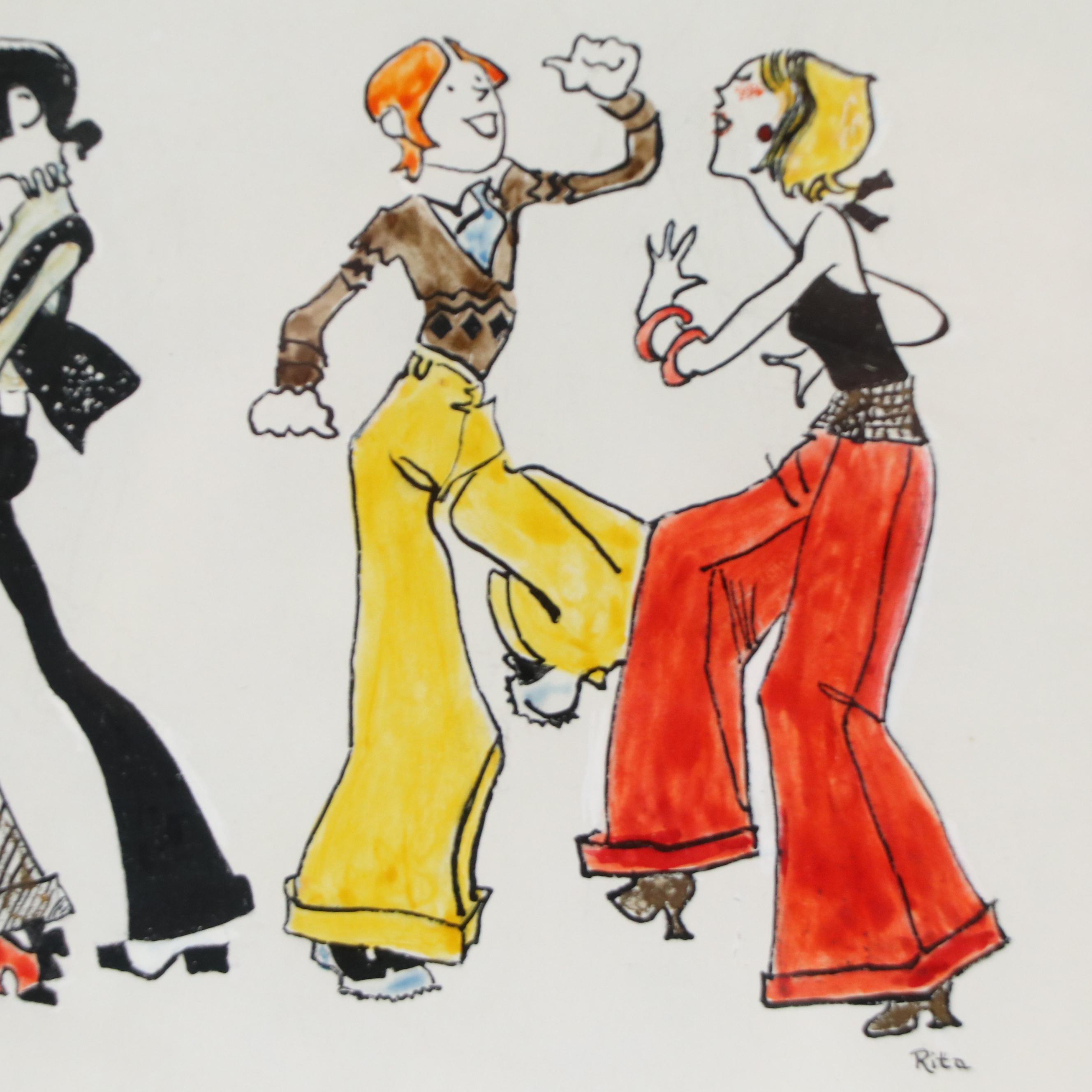 Mixed Media Painting of Couples Dancing, Mid-20th Century