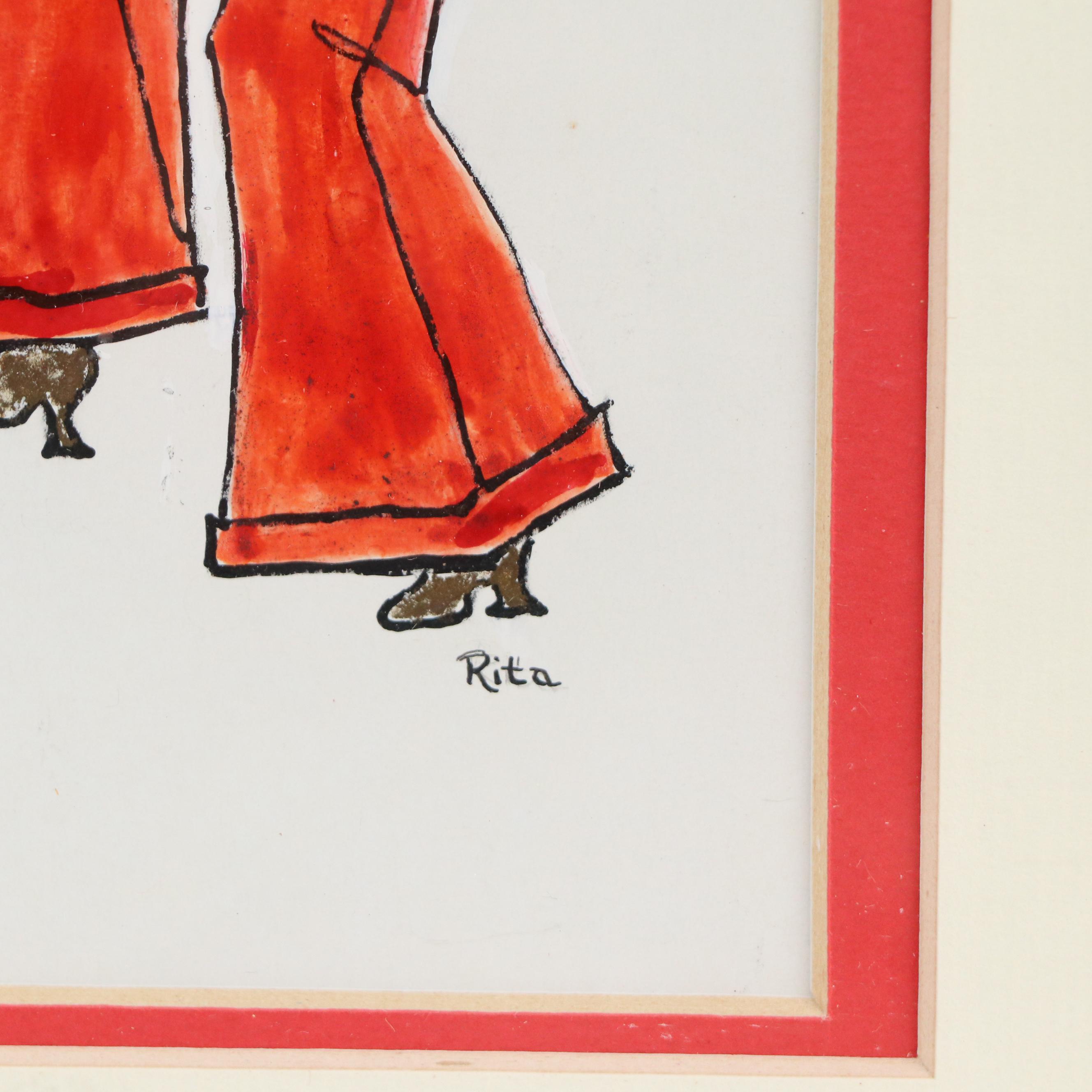 Mixed Media Painting of Couples Dancing, Mid-20th Century