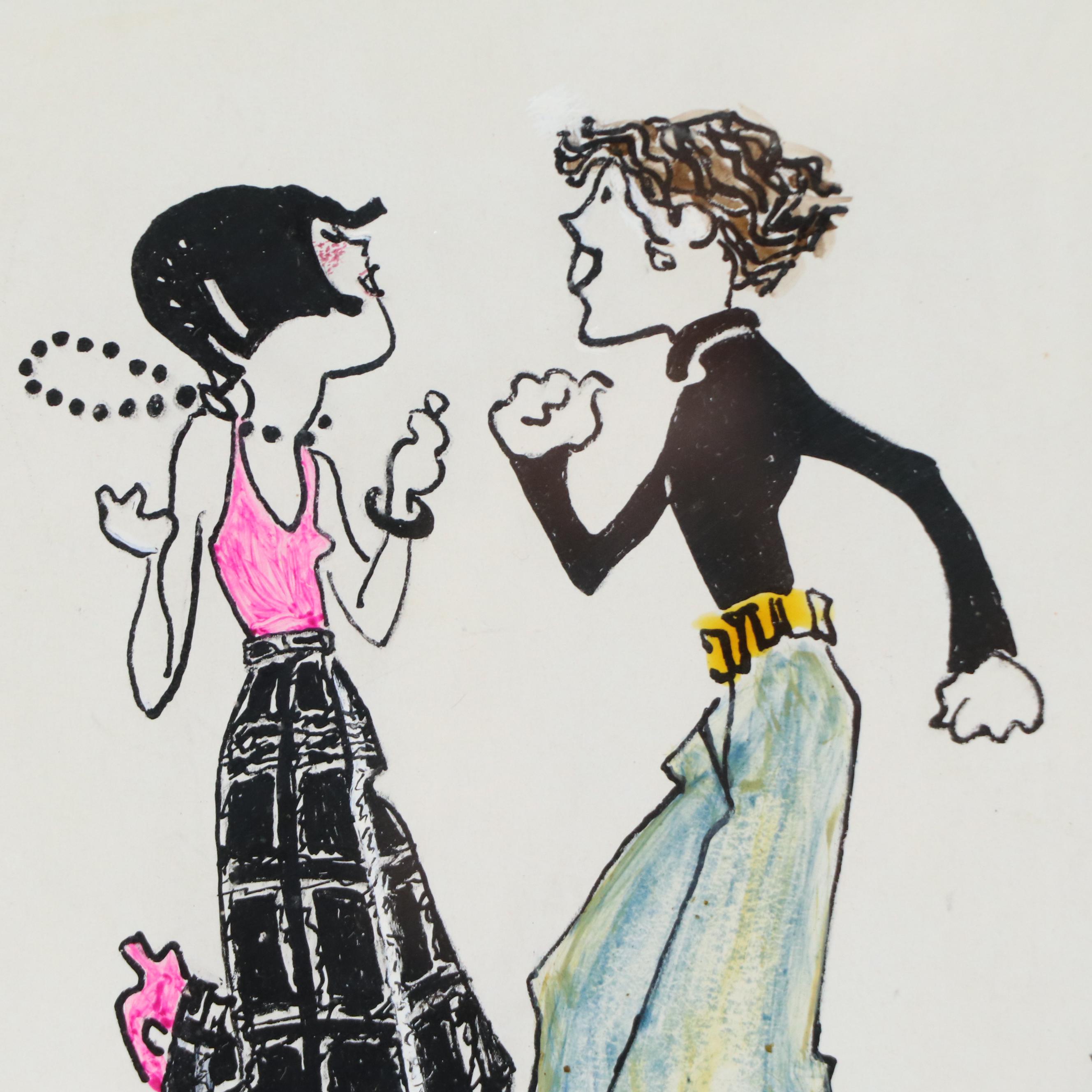 Mixed Media Painting of Couples Dancing, Mid-20th Century