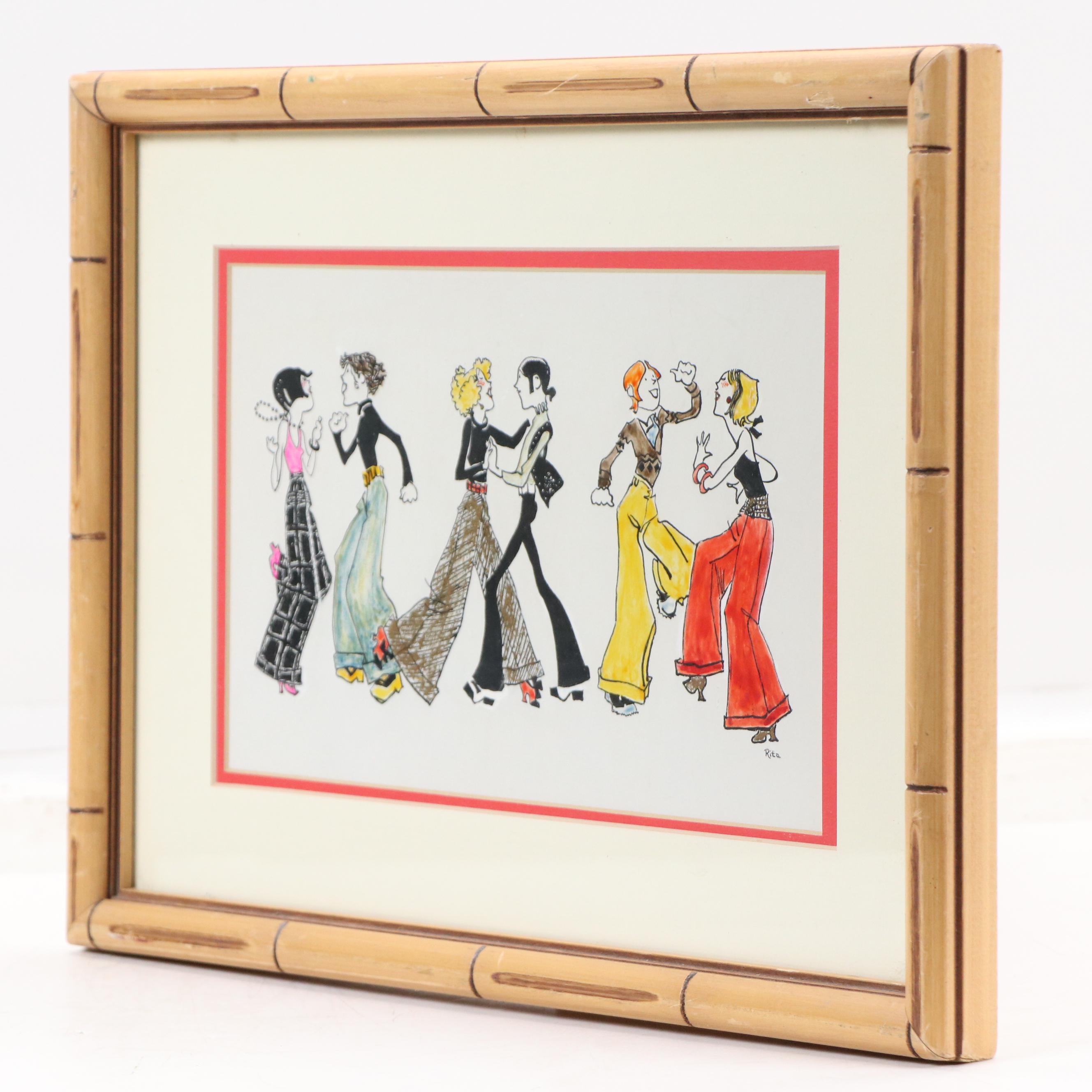 Mixed Media Painting of Couples Dancing, Mid-20th Century