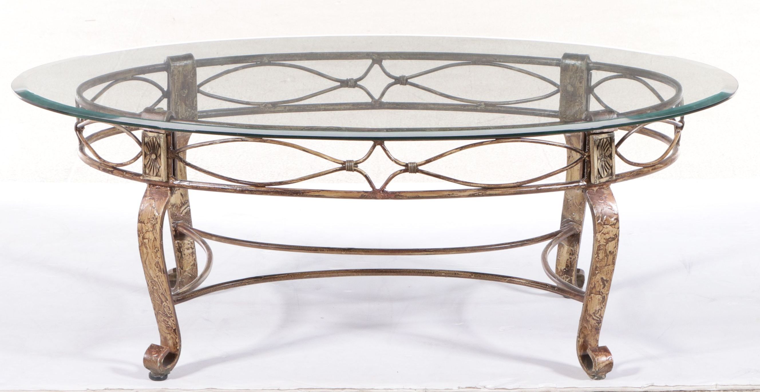 Neoclassical Style Glass Top Scrolled Metal Coffee Table