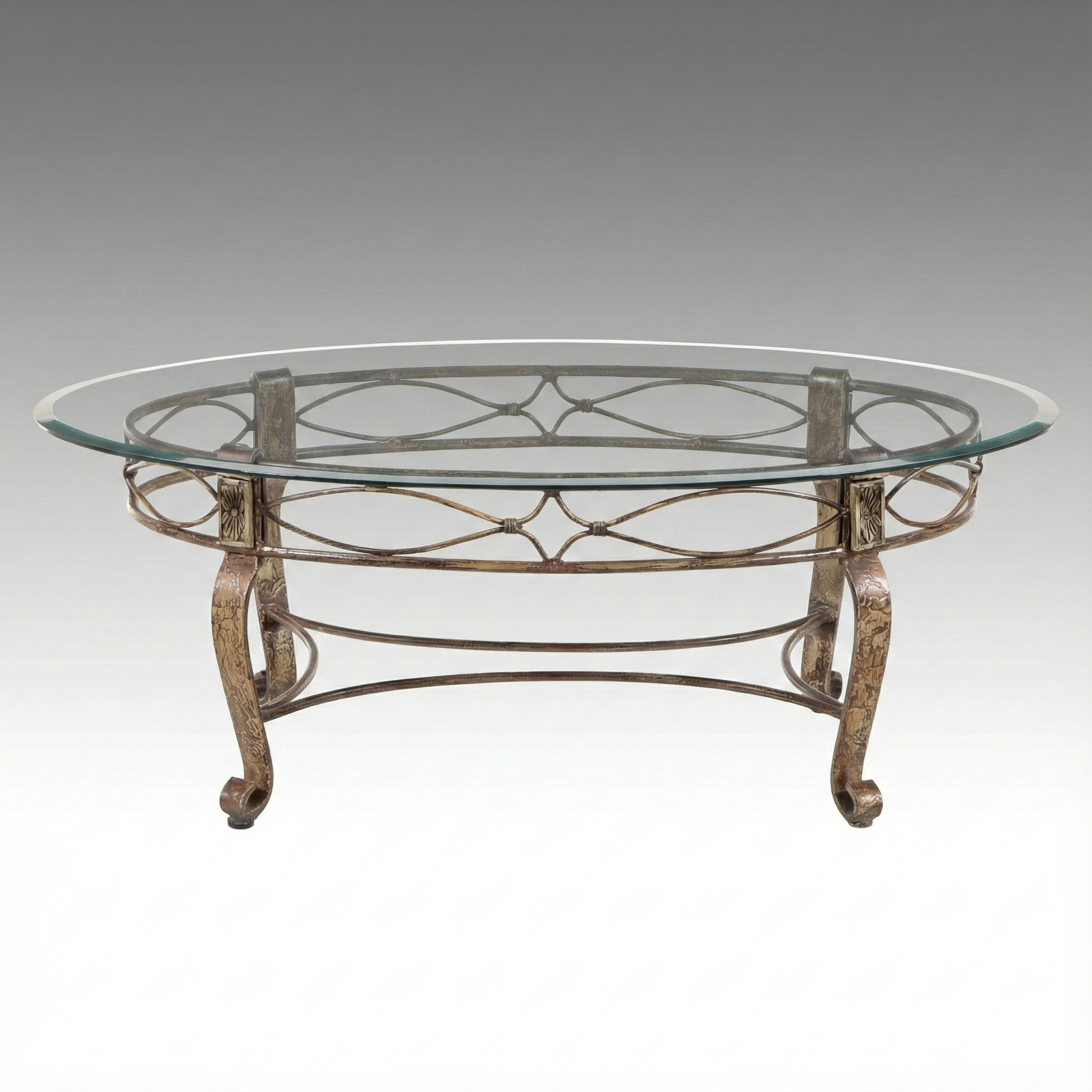 Neoclassical Style Glass Top Scrolled Metal Coffee Table