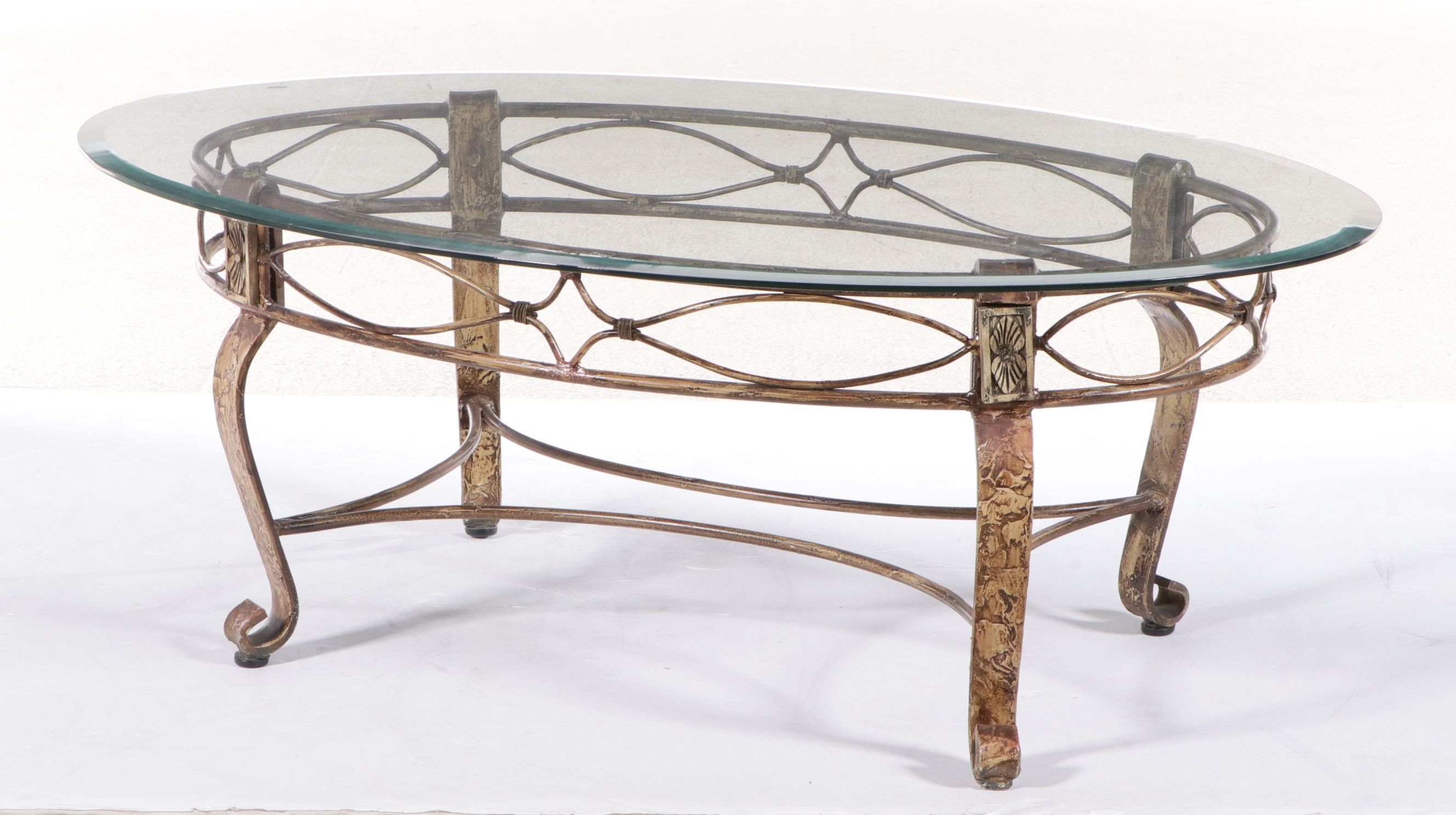 Neoclassical Style Glass Top Scrolled Metal Coffee Table