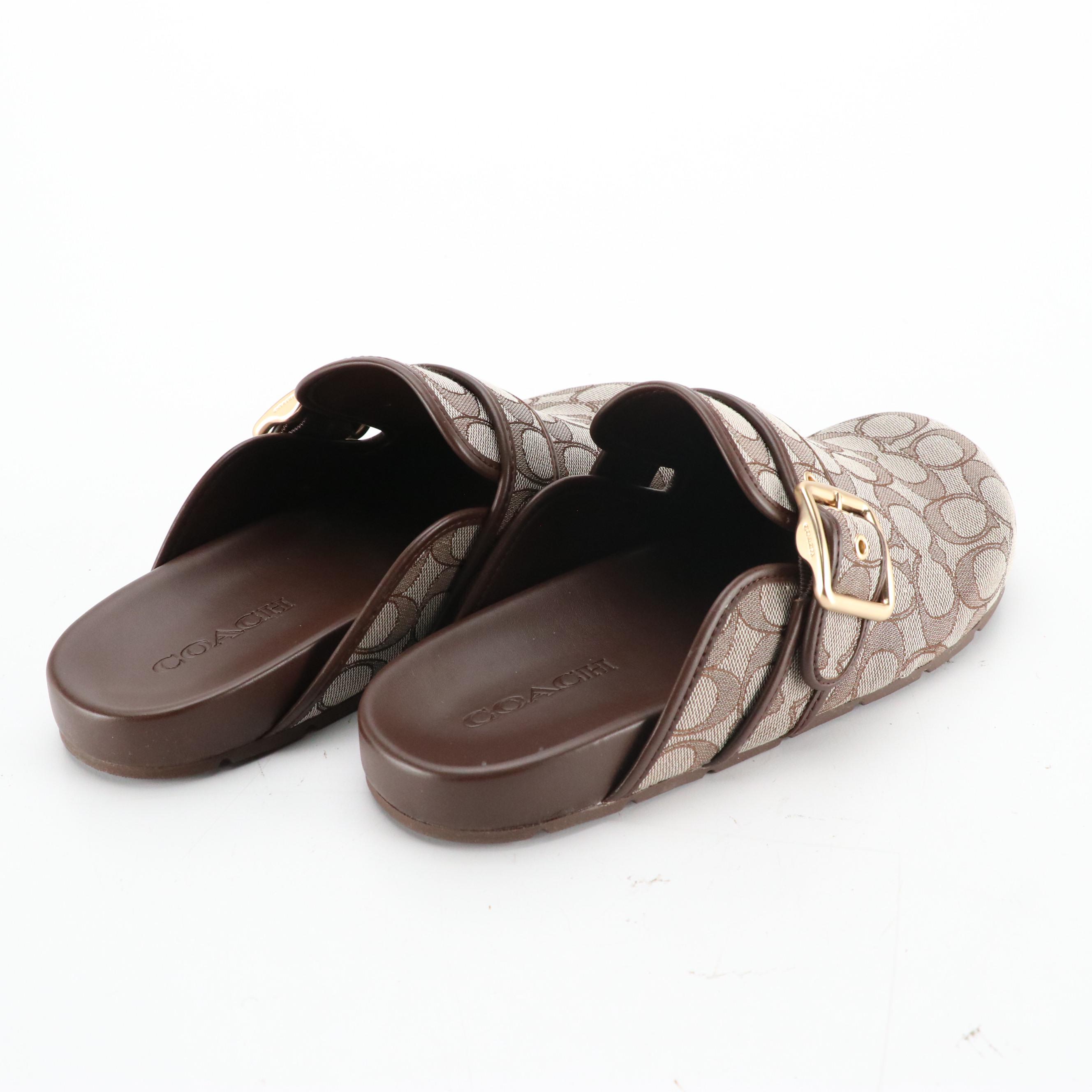 Coach Archival Buckle Strap Signature Jacquard Clogs in 'Oak/Maple,' With Box