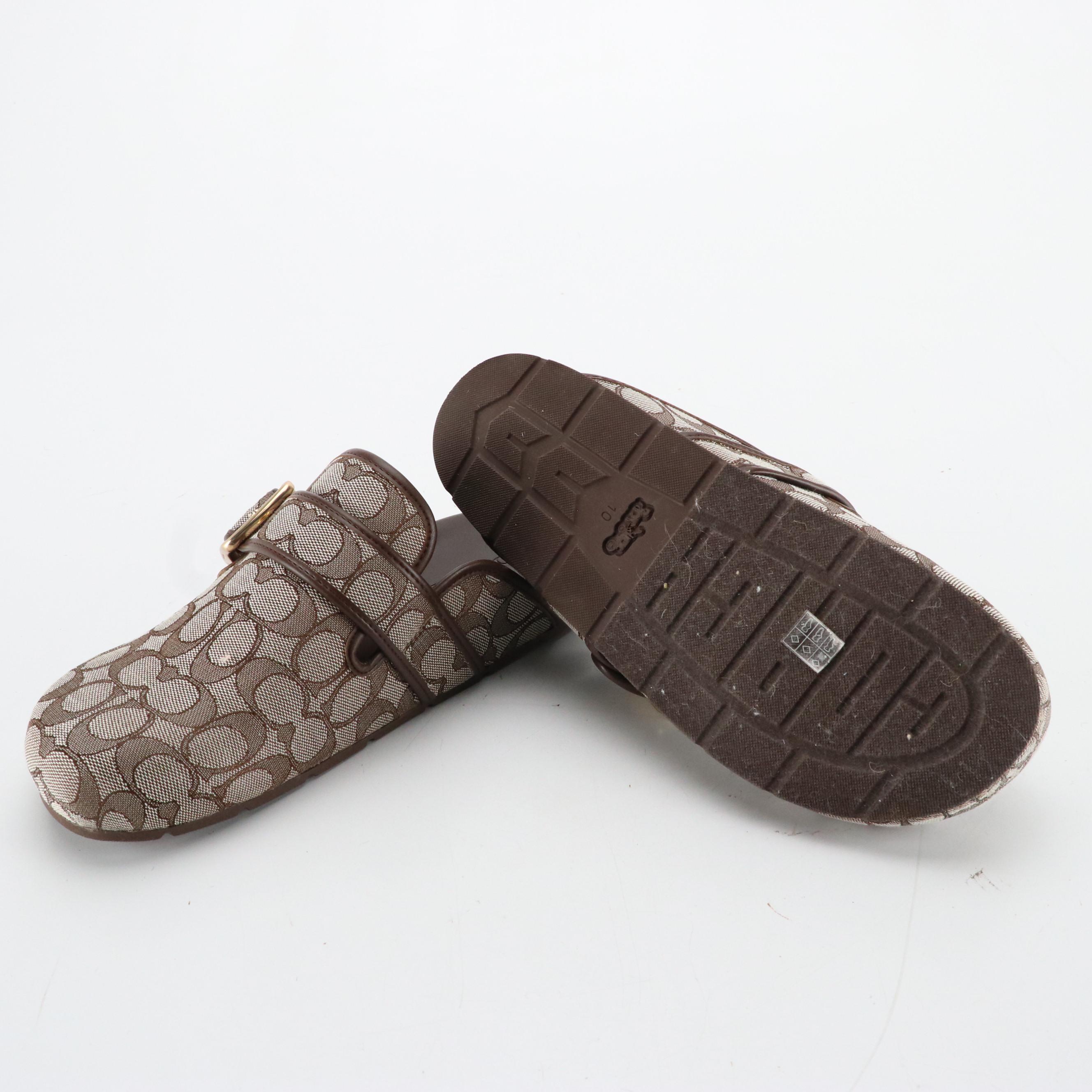 Coach Archival Buckle Strap Signature Jacquard Clogs in 'Oak/Maple,' With Box