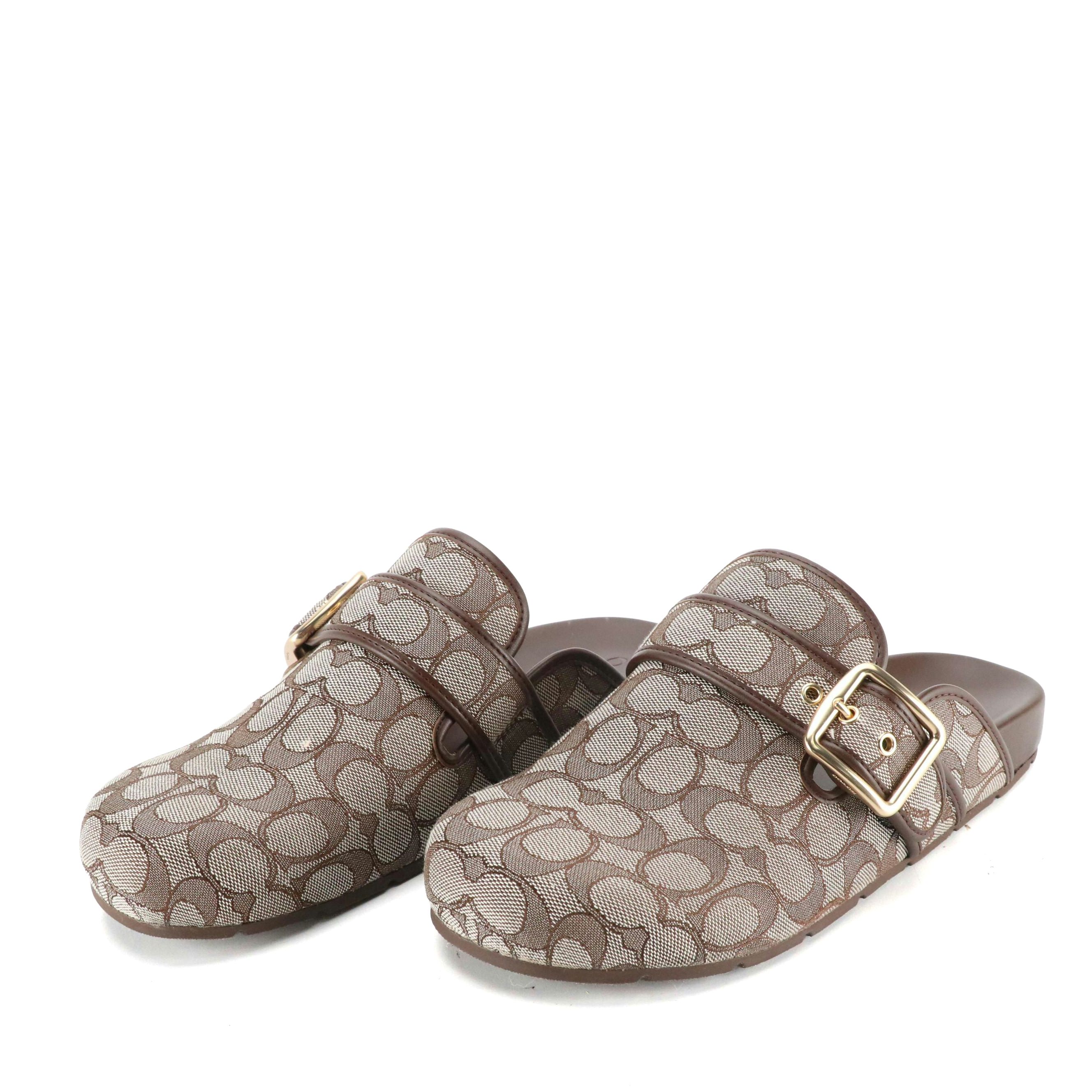 Coach Archival Buckle Strap Signature Jacquard Clogs in 'Oak/Maple,' With Box