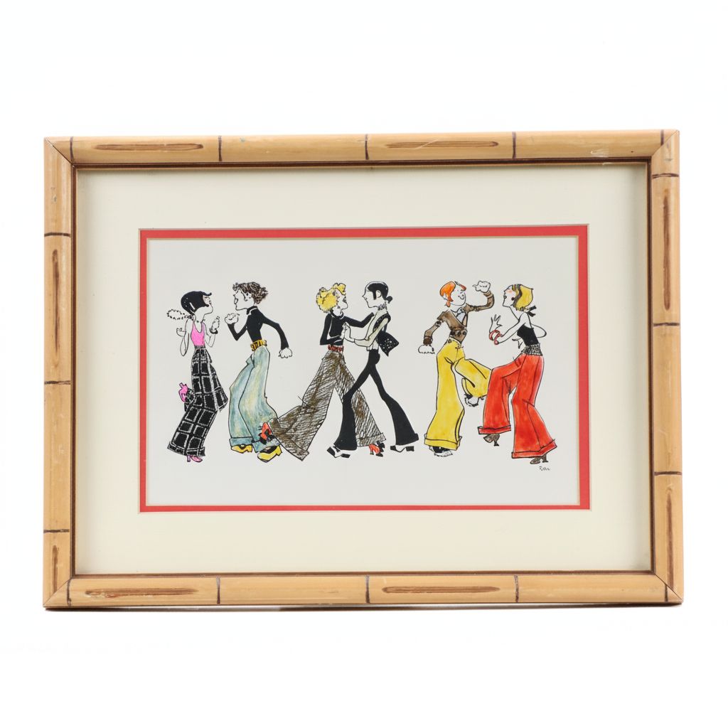Mixed Media Painting of Couples Dancing, Mid-20th Century