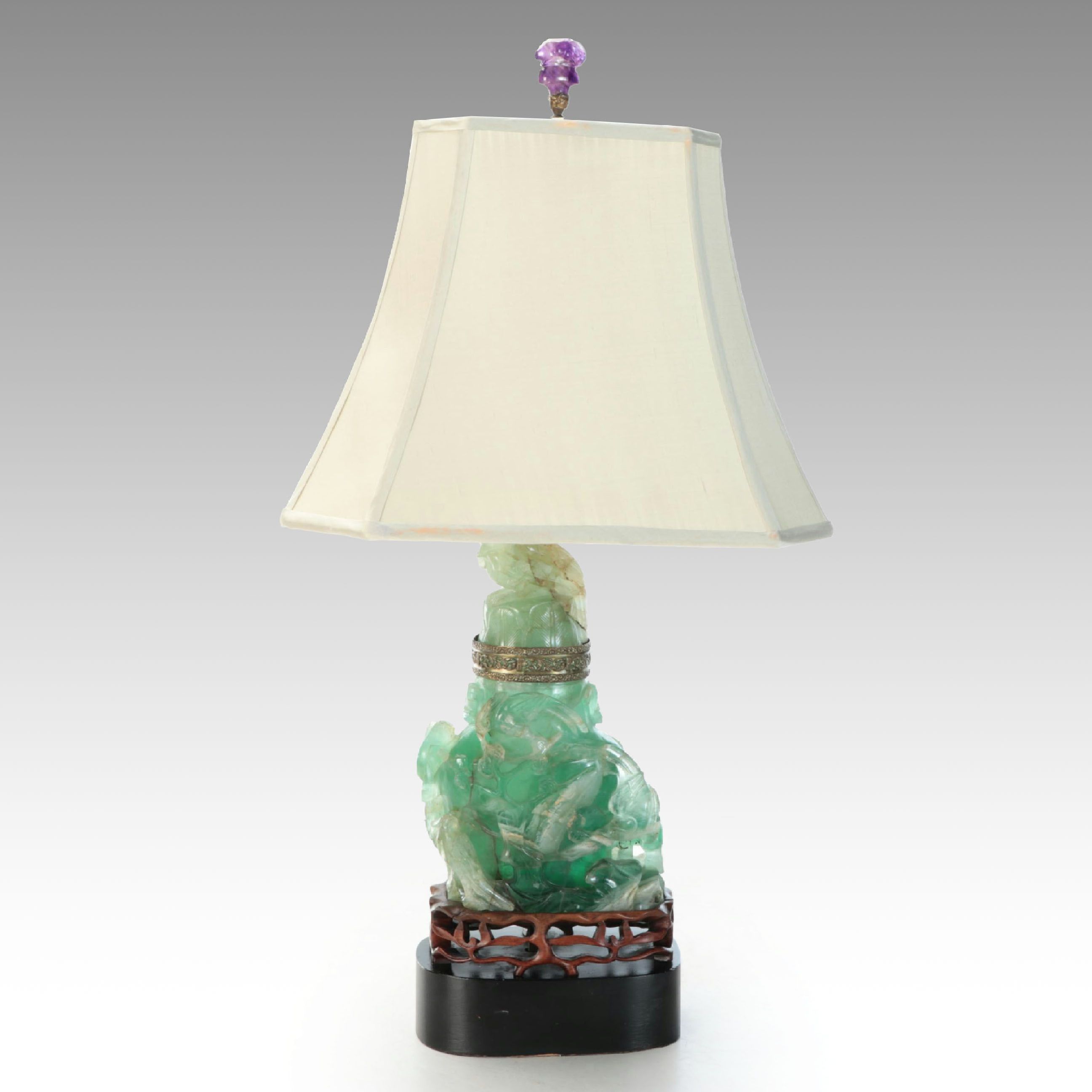 Chinese Hand-Carved Fluorite Censer Table Lamp with Silk Shade