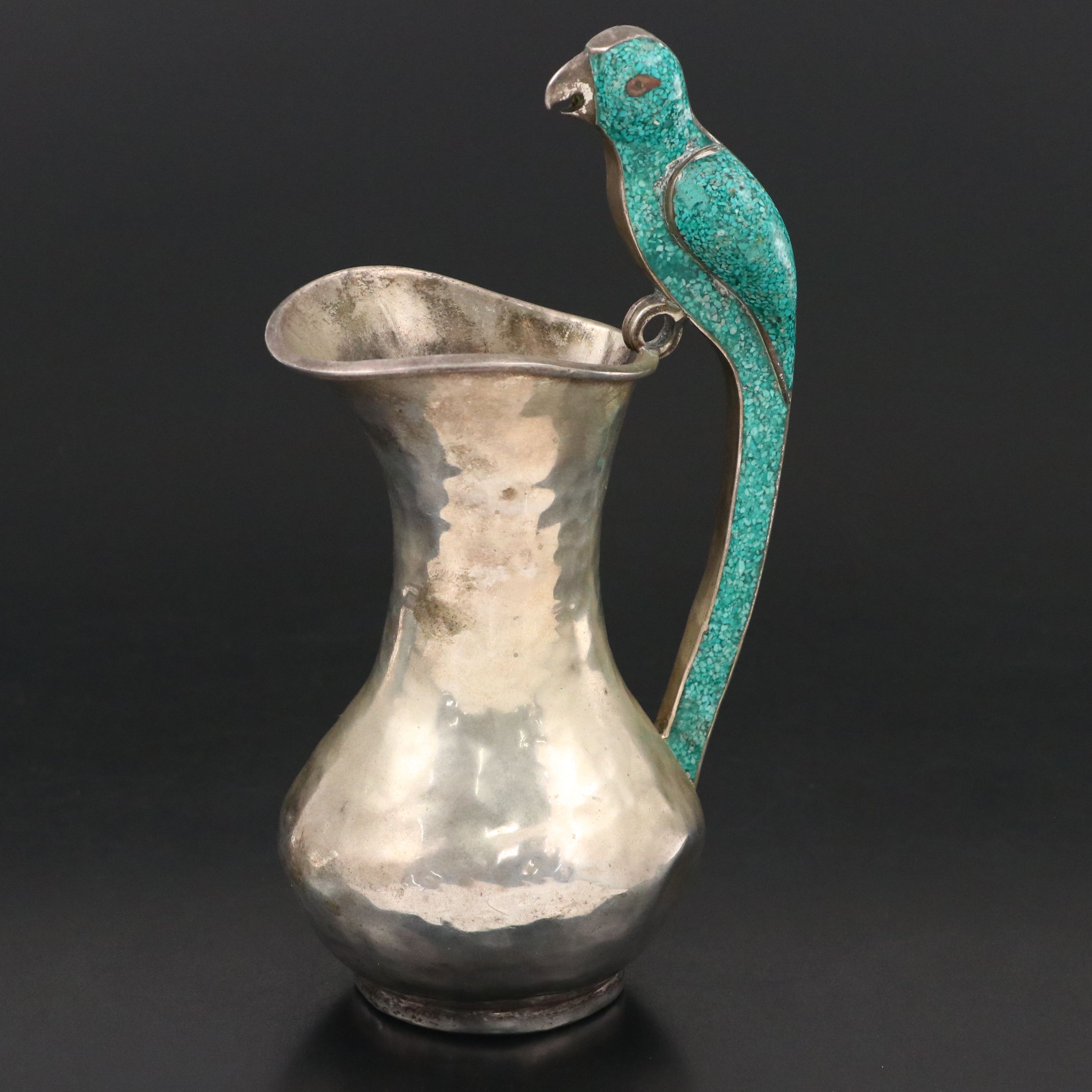 Mexican Hammered Silver Plate Pitcher with Chipped Stone Parrot Handle