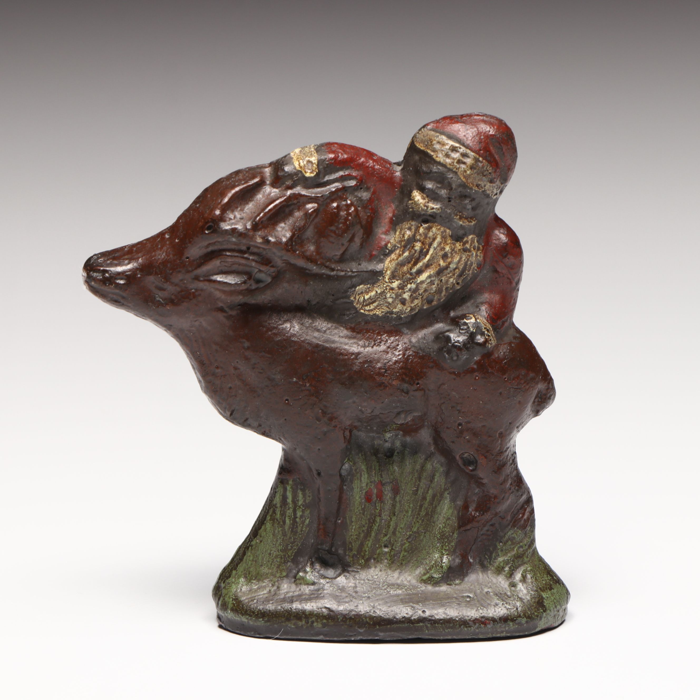 Polychrome Iron Santa Claus and Reindeer Doorstop