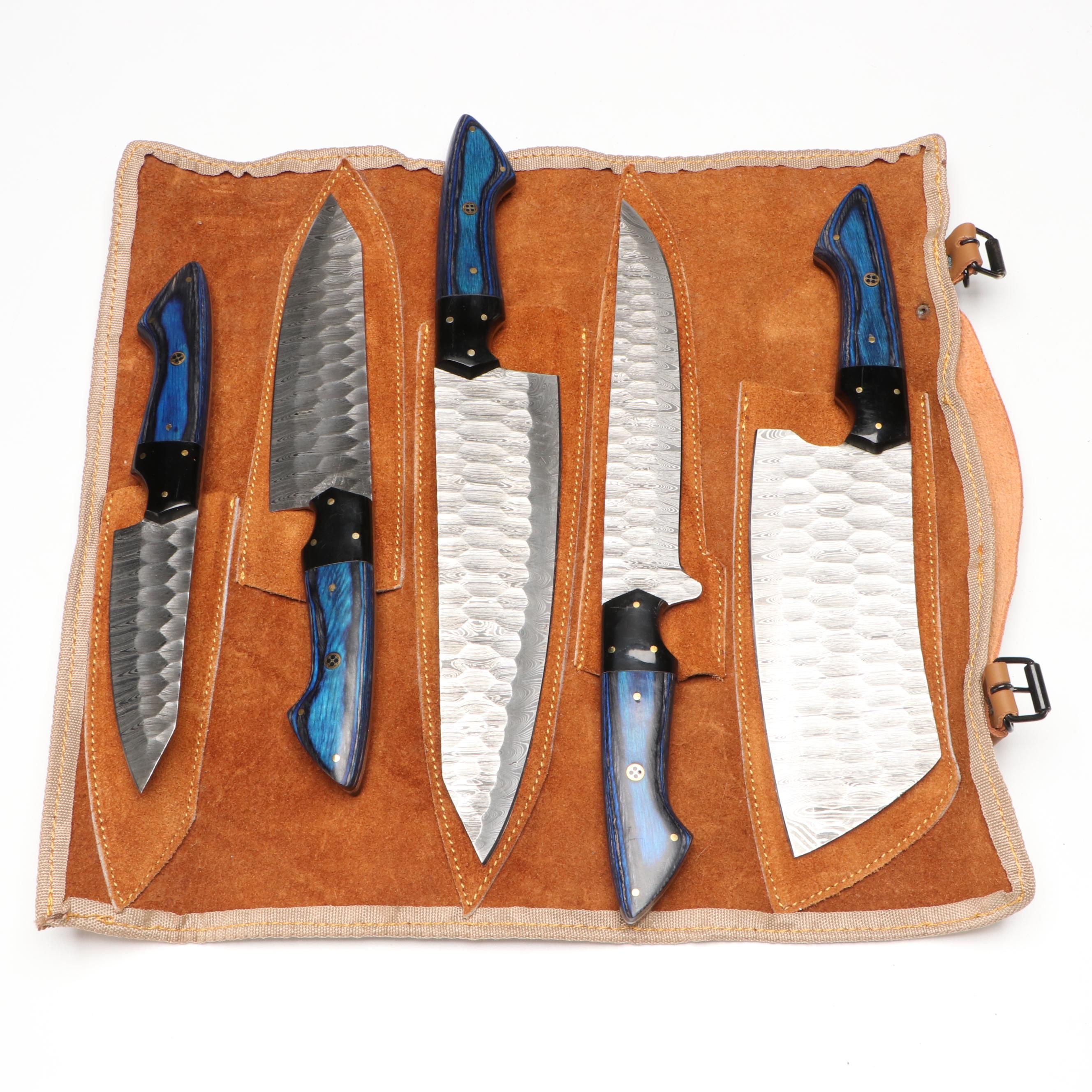 Damascus Steel and Wooden Handle Chef's Knife Set in Suede Leather Roll