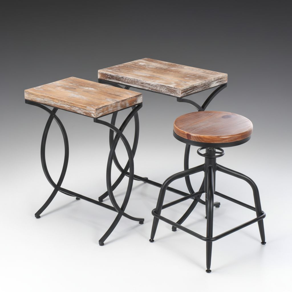 Contemporary Distressed Wooden Side Tables and Stool