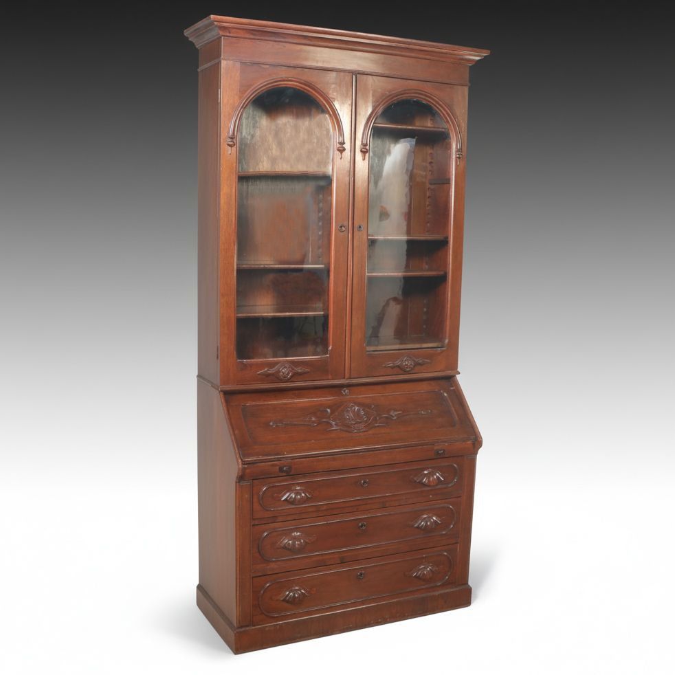 American Victorian Walnut Secretary Bookcase, Late 19th Century