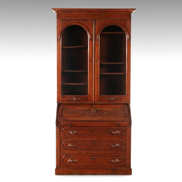 American Victorian Walnut Secretary Bookcase, Late 19th Century