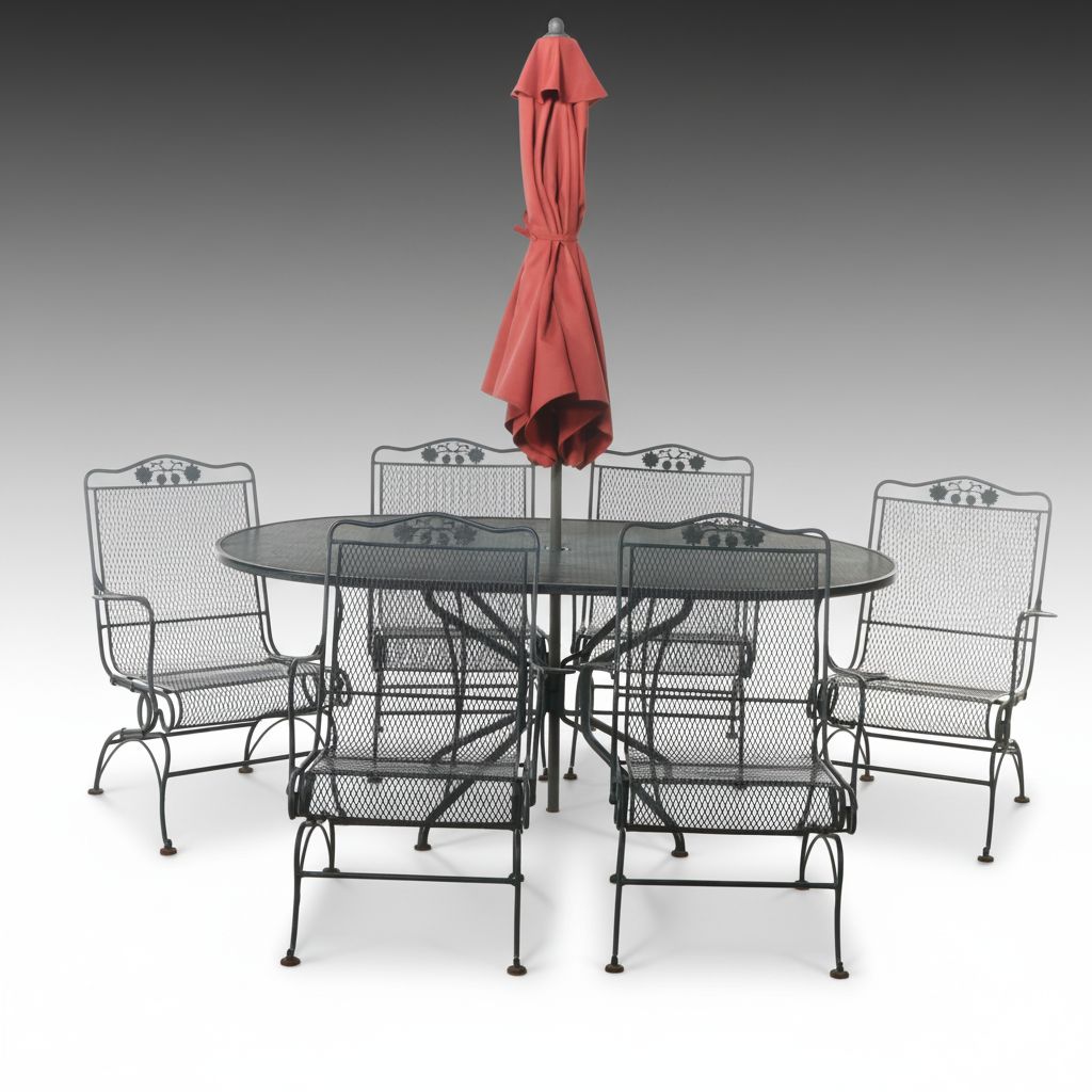 Wrought Iron and Diamond Mesh Patio Dining Set with Umbrella