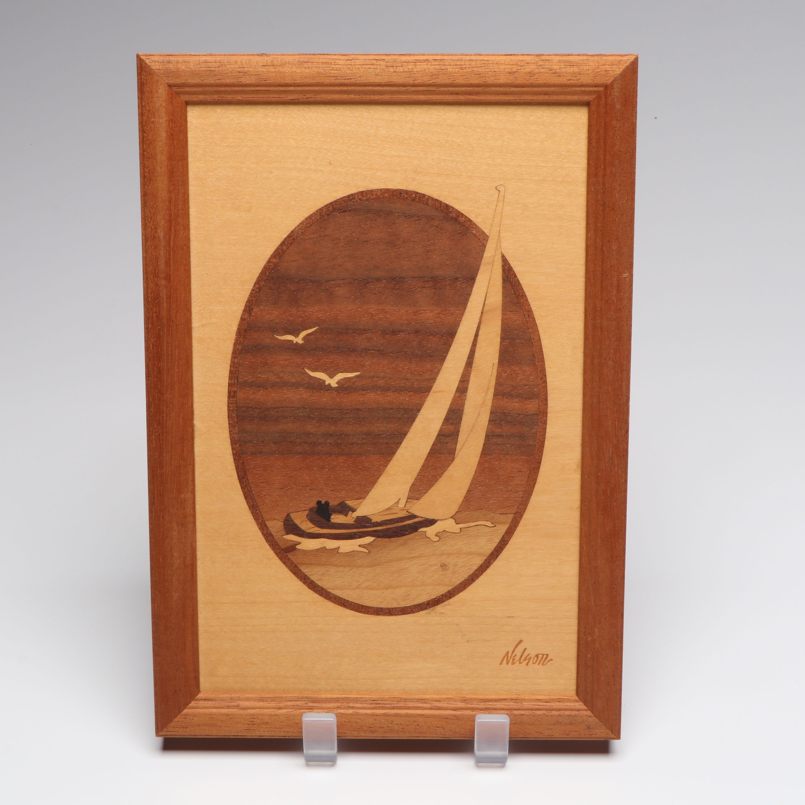 Nelson "Hudson River" and "Sailboat in Seascape" Marquetry Inlay Plaques