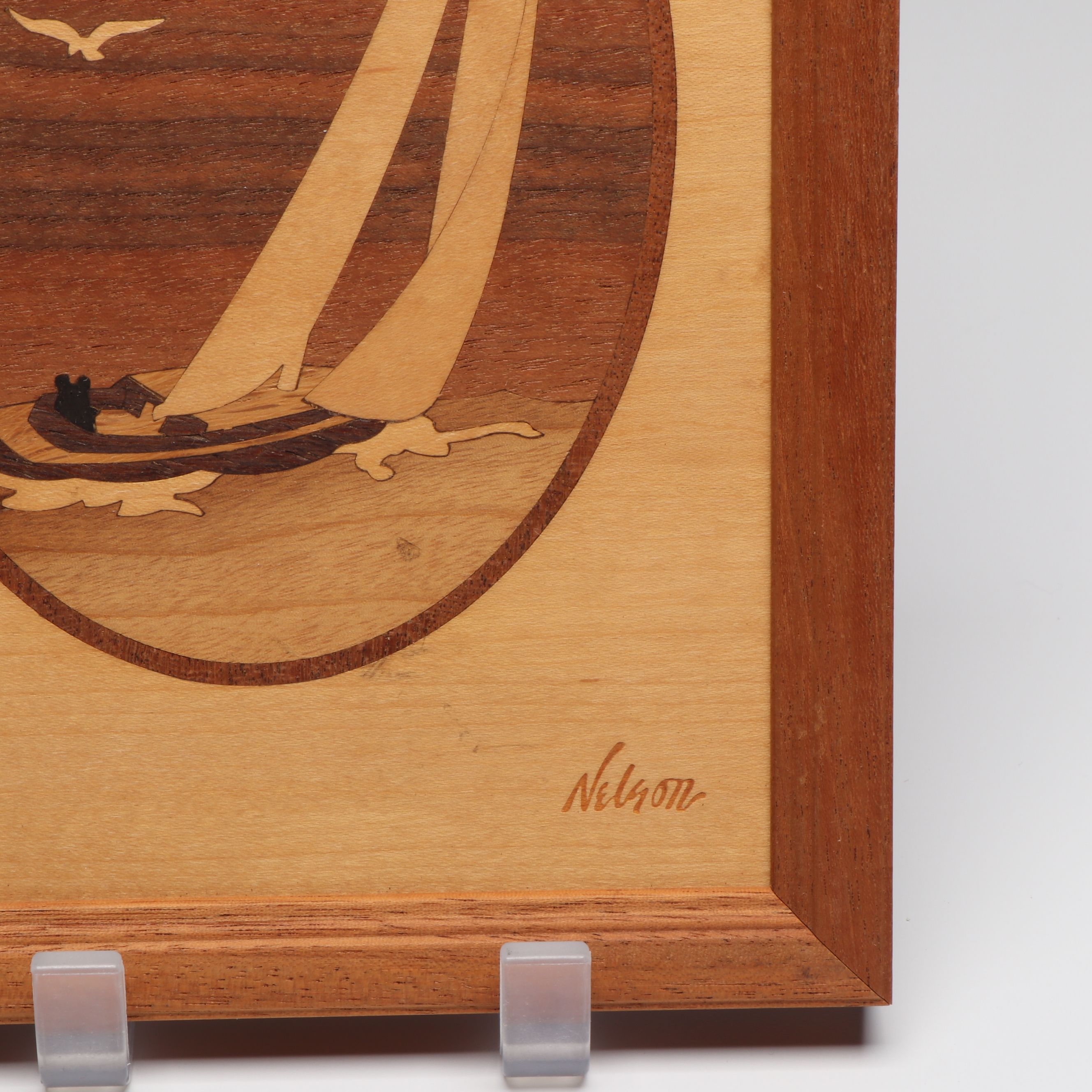 Nelson "Hudson River" and "Sailboat in Seascape" Marquetry Inlay Plaques