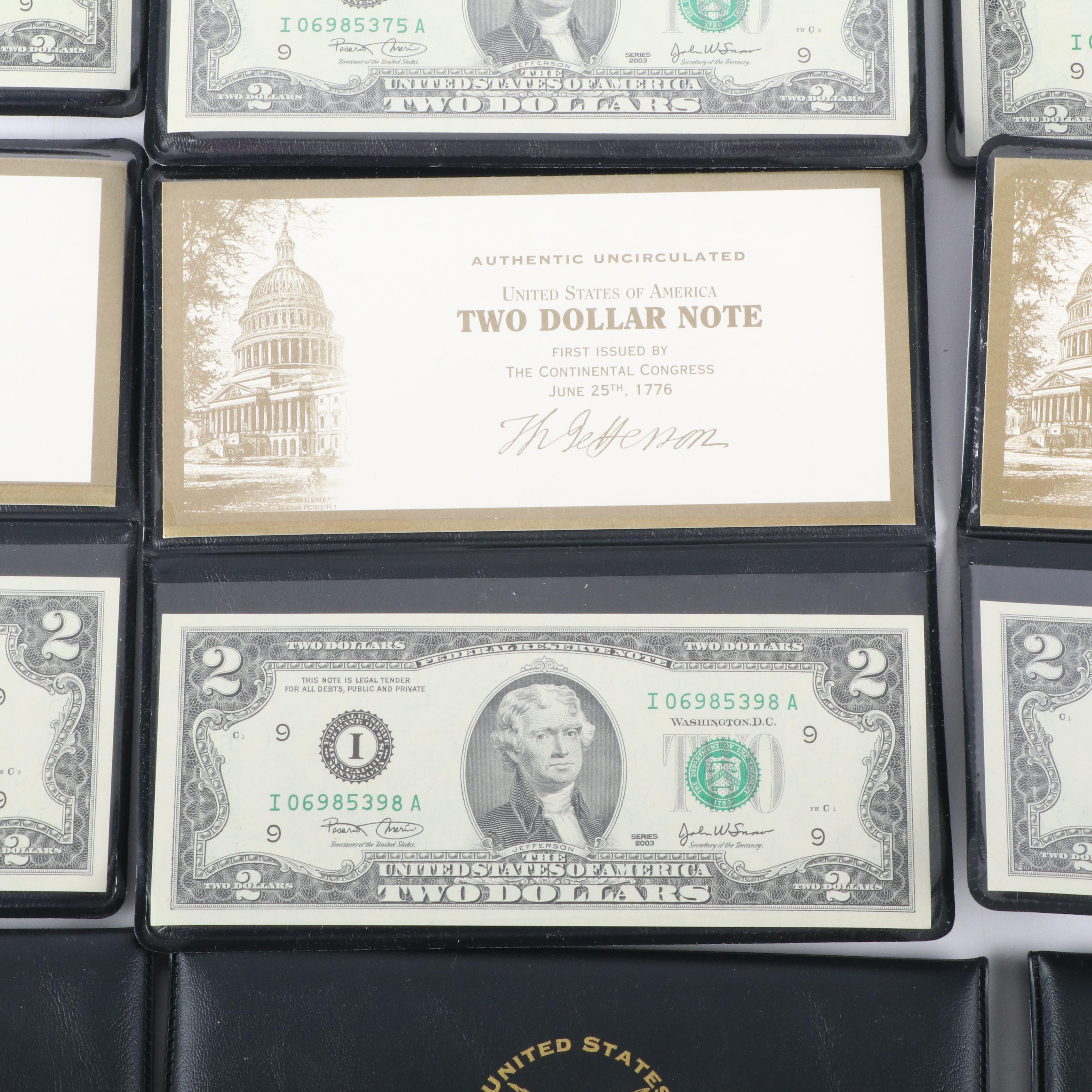 Eighteen Uncirculated $2 Federal Reserve Notes, Series 2003