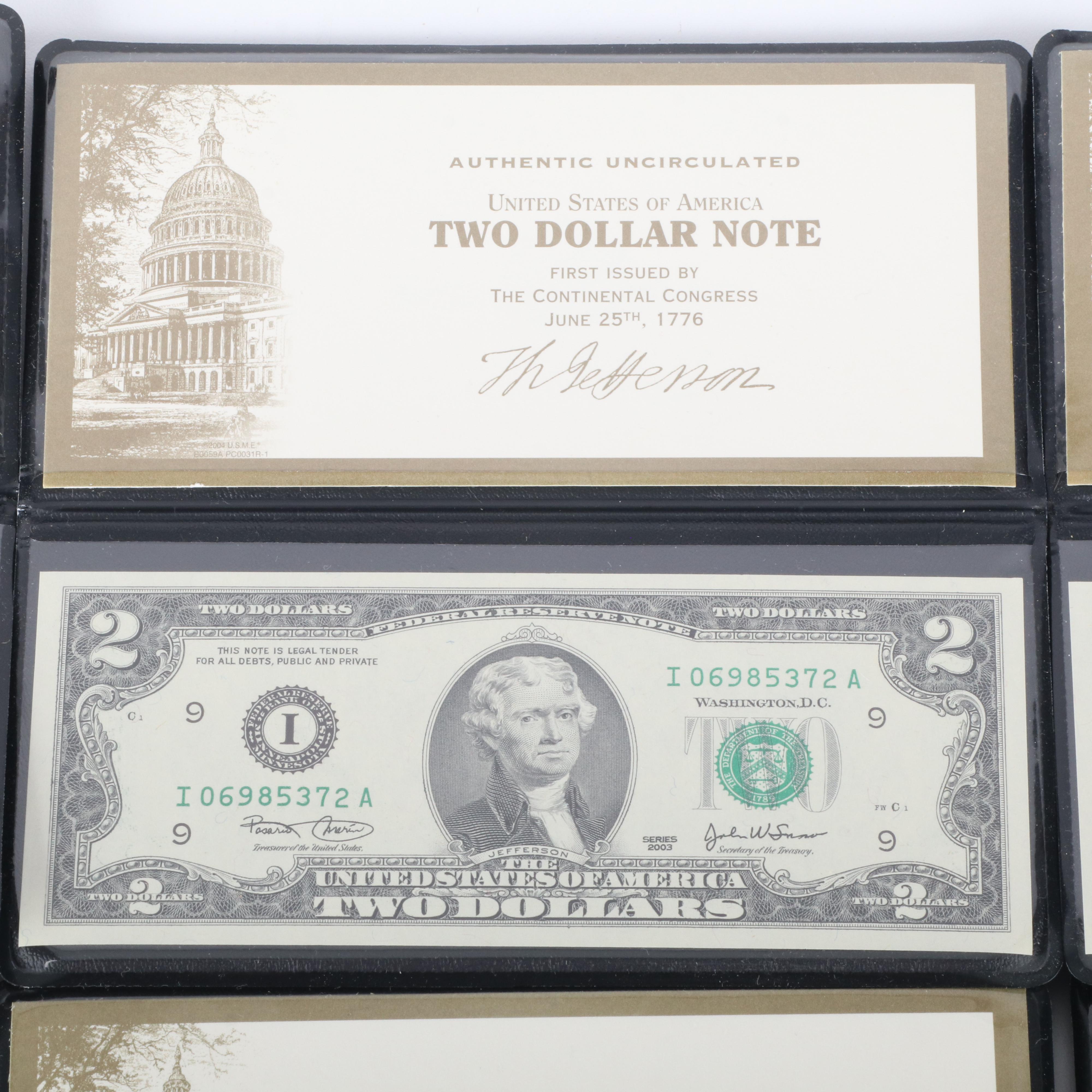 Eighteen Uncirculated $2 Federal Reserve Notes, Series 2003