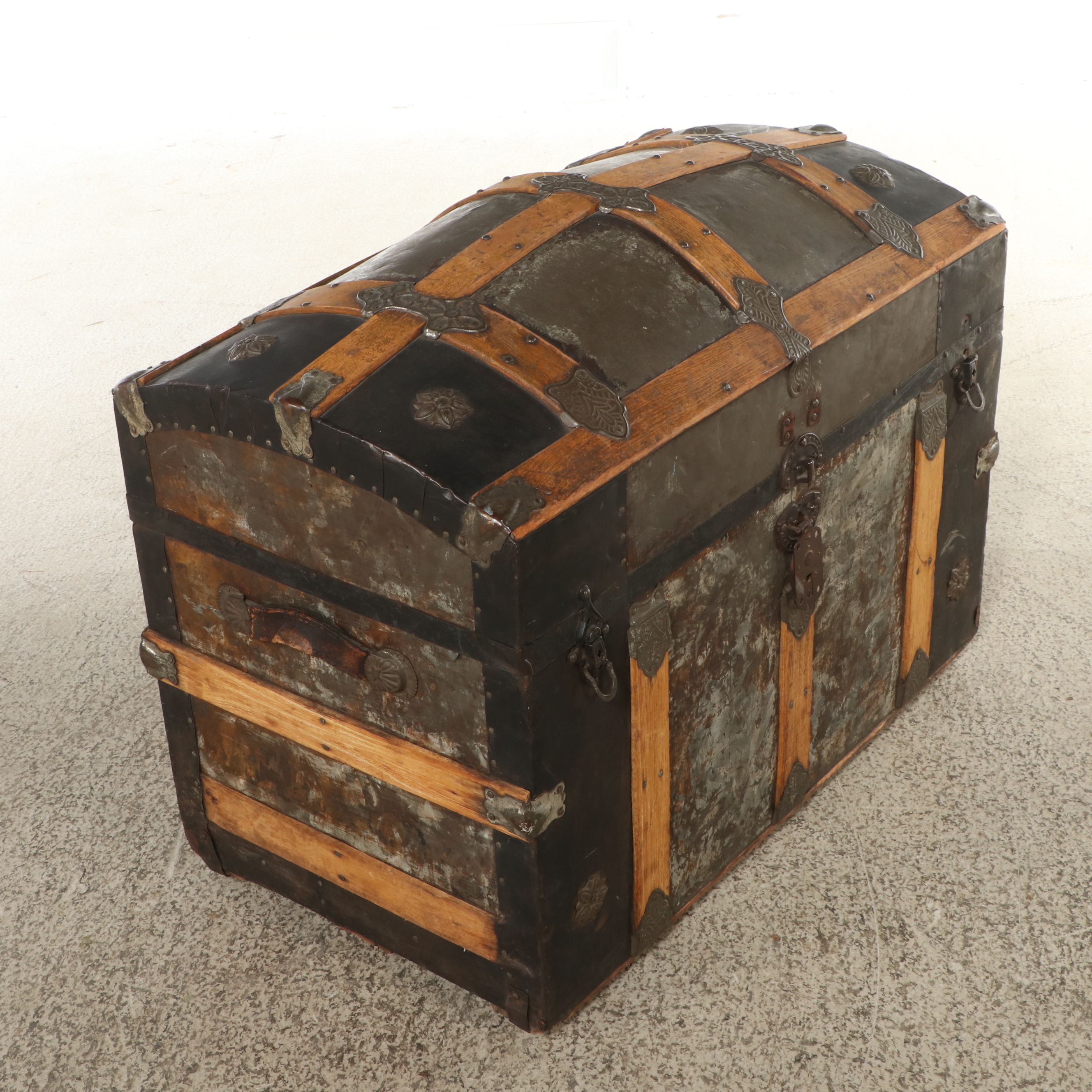 Victorian Metal and Wood Bound Dome Top Trunk