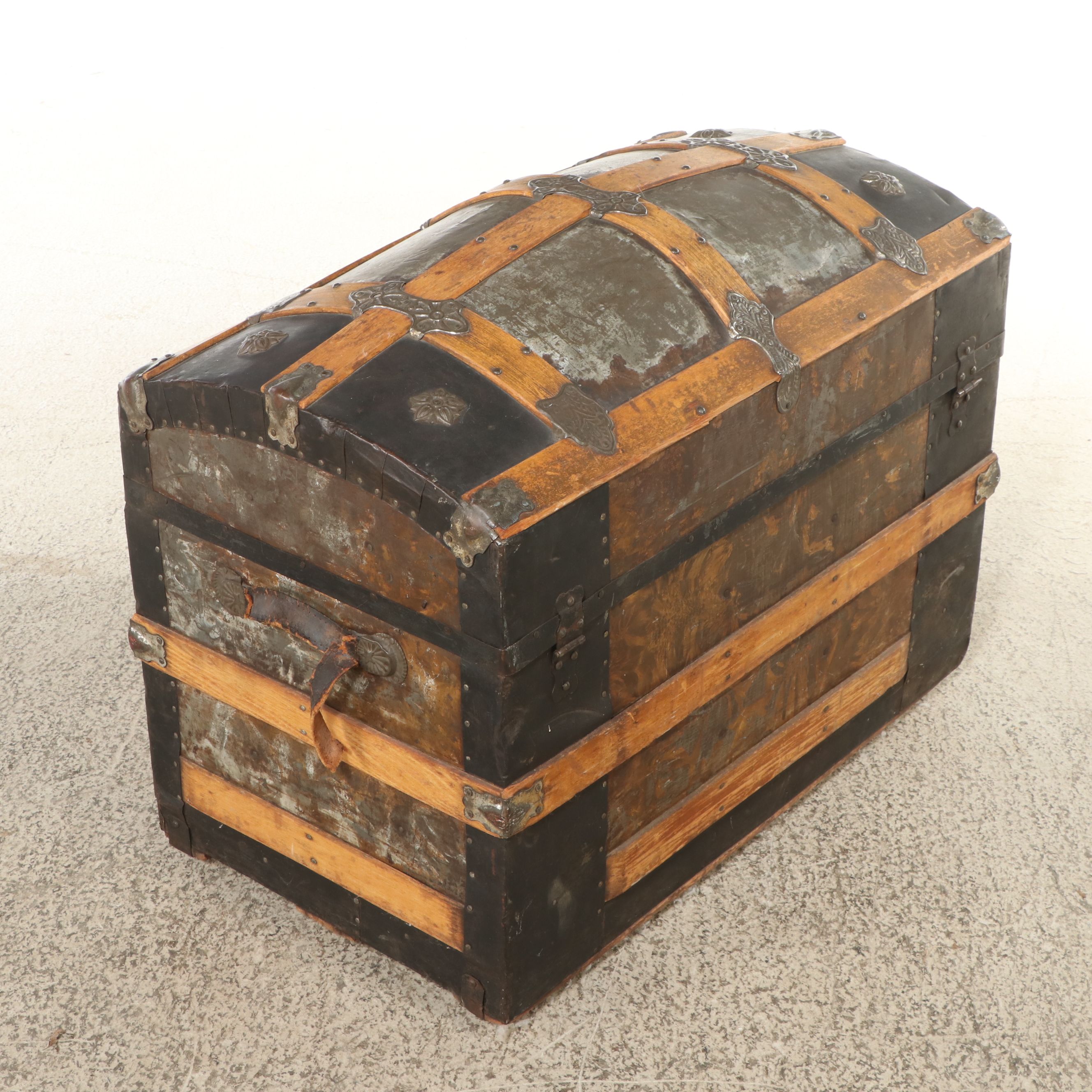 Victorian Metal and Wood Bound Dome Top Trunk