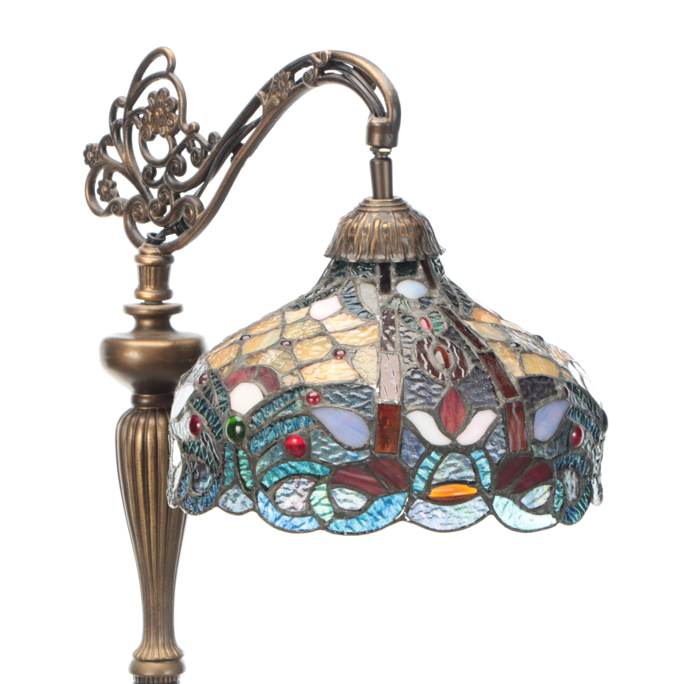 Victorian Style Bridge Arm Floor Lamp with Slag Glass Shade, Vintage