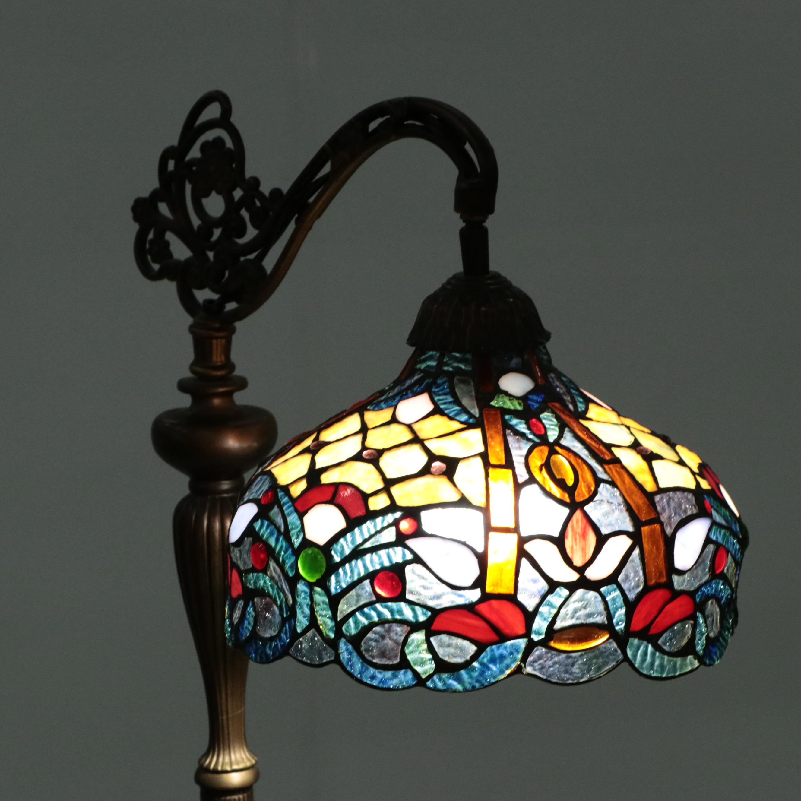 Victorian Style Bridge Arm Floor Lamp with Slag Glass Shade, Vintage