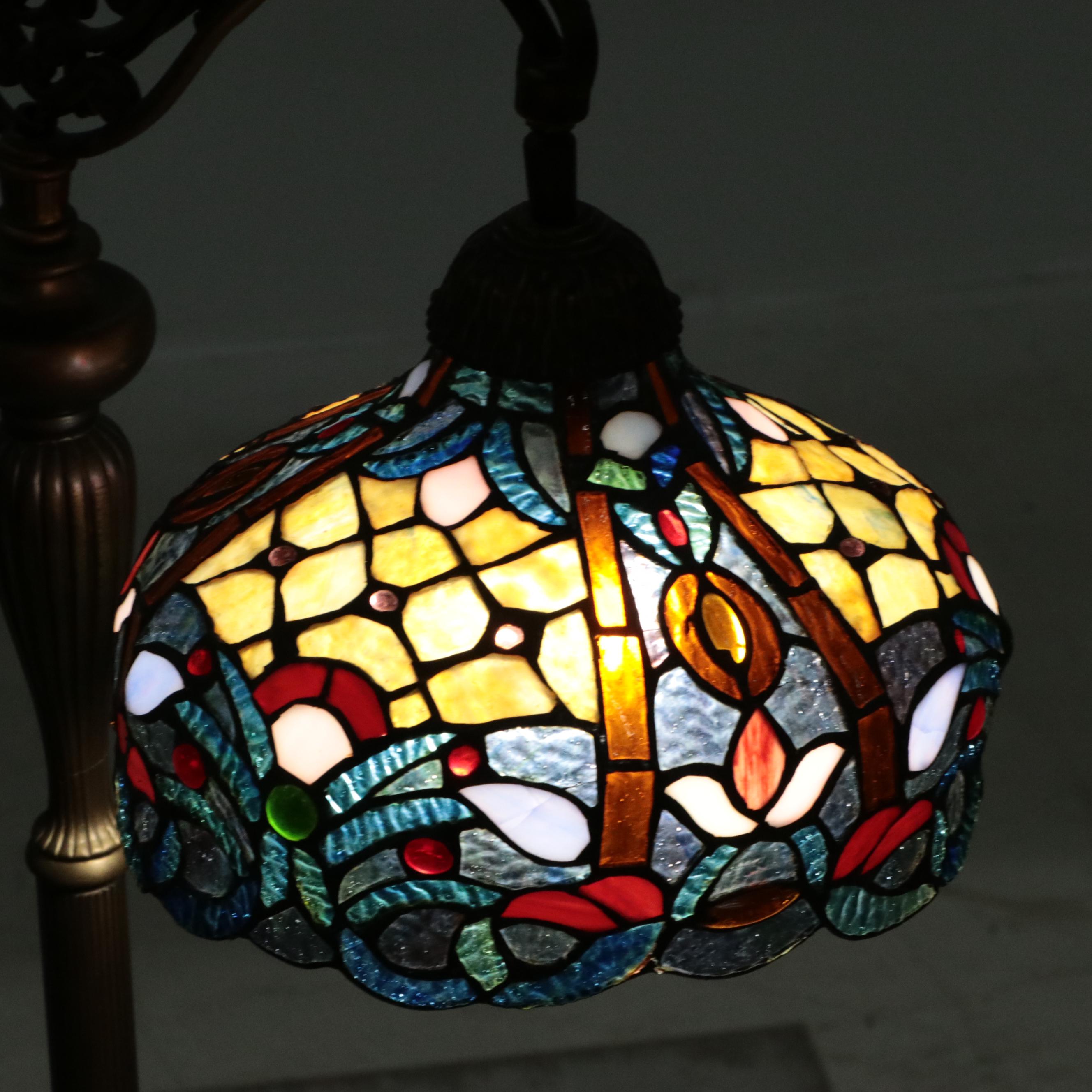 Victorian Style Bridge Arm Floor Lamp with Slag Glass Shade, Vintage