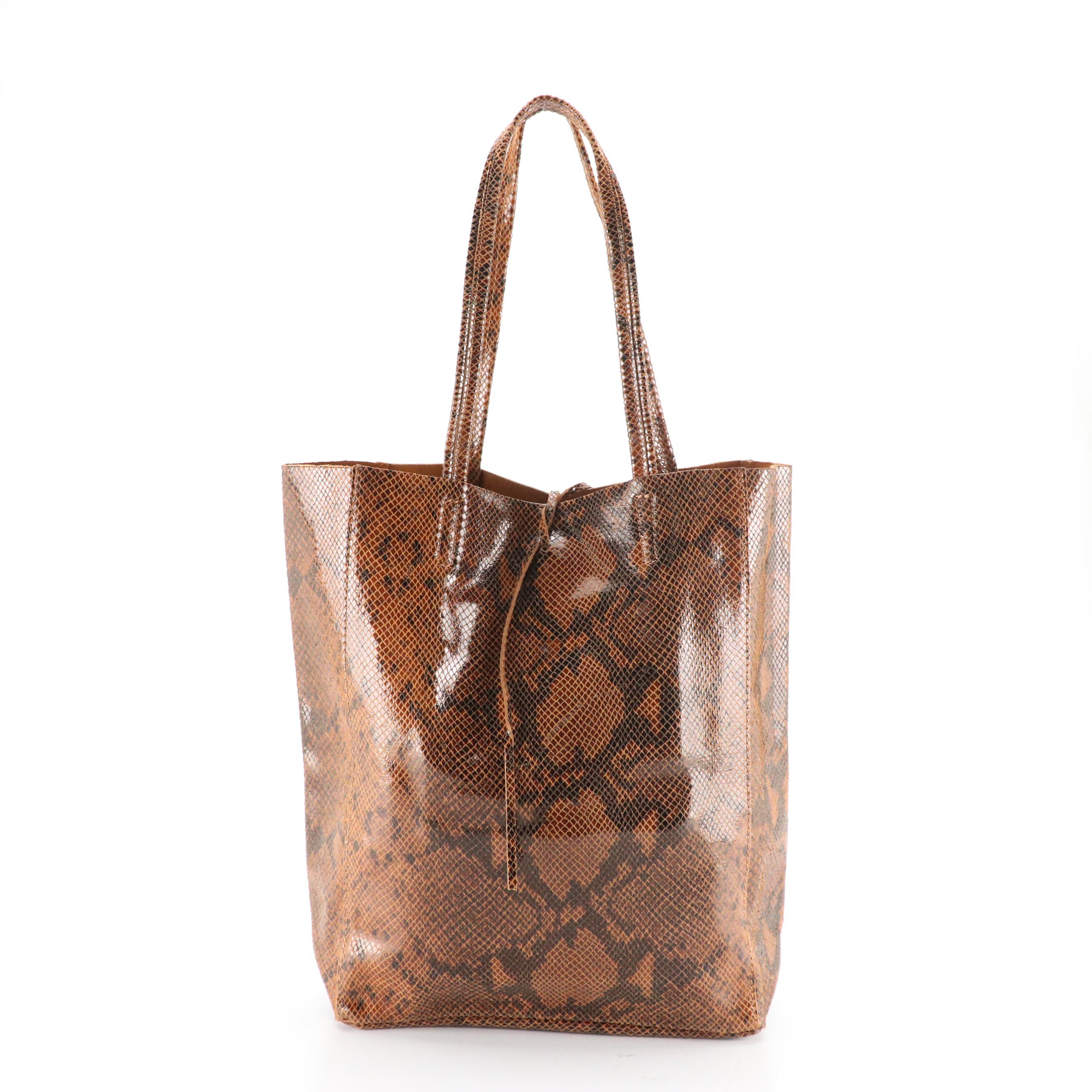 Snakeskin Print Leather Tote Bag