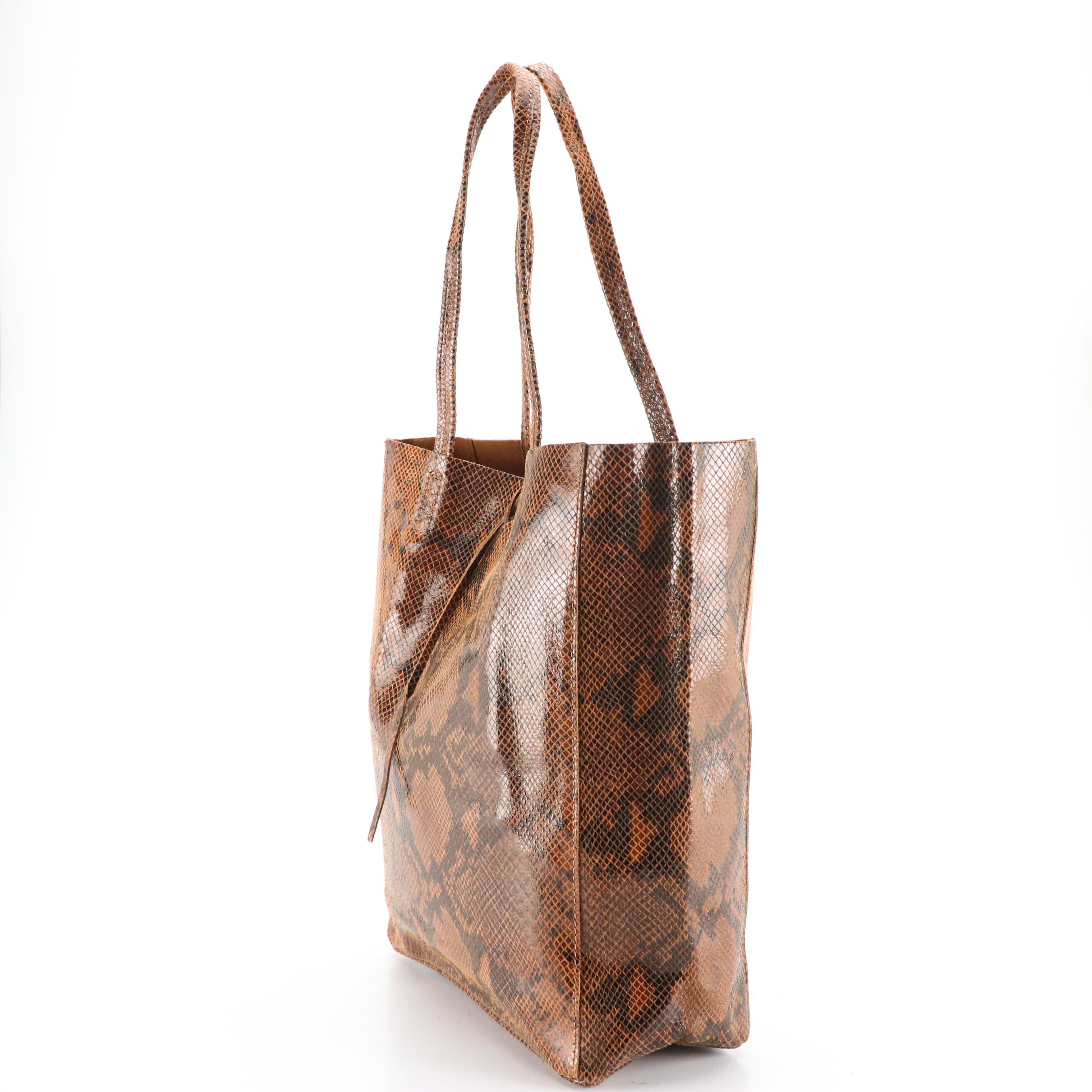 Snakeskin Print Leather Tote Bag