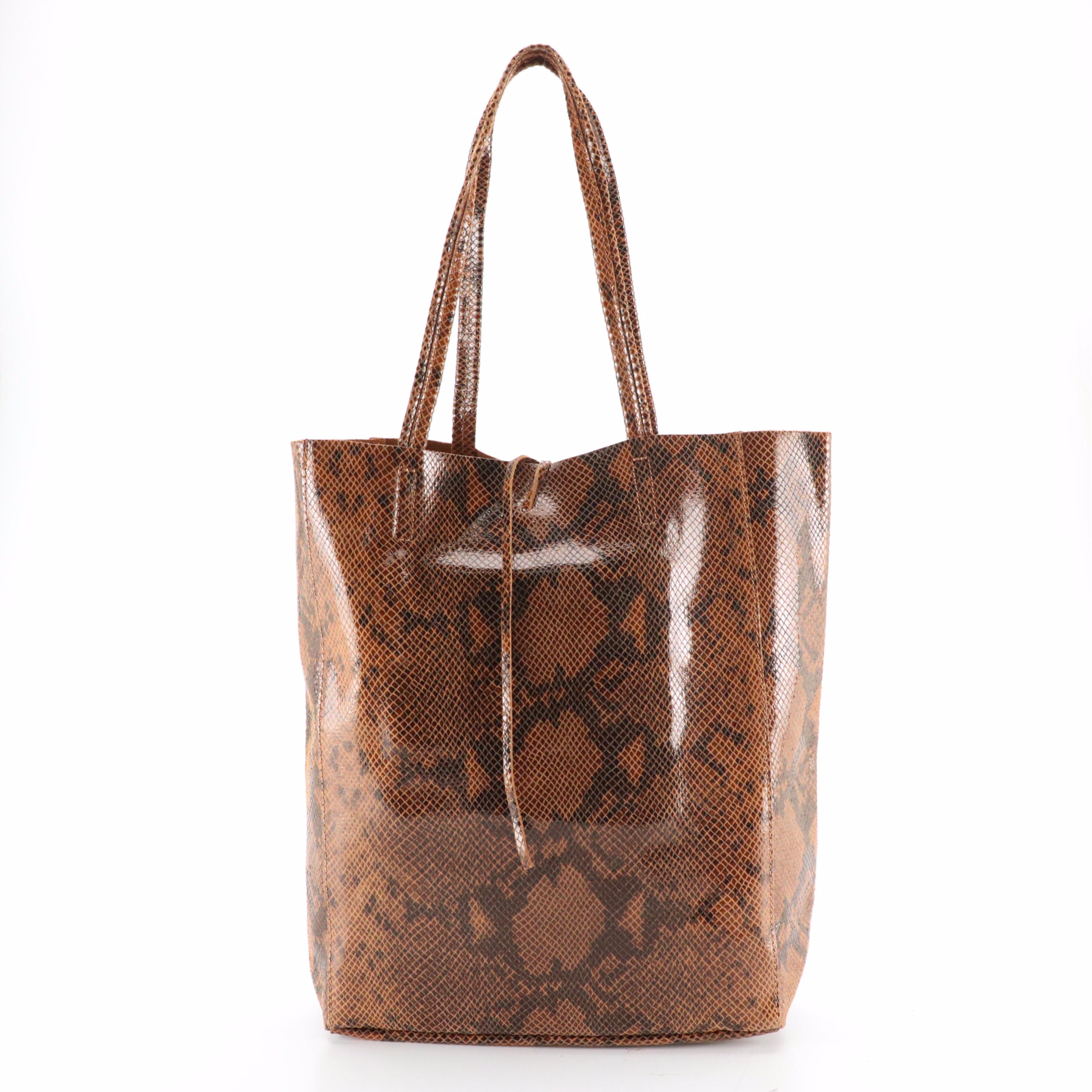 Snakeskin Print Leather Tote Bag