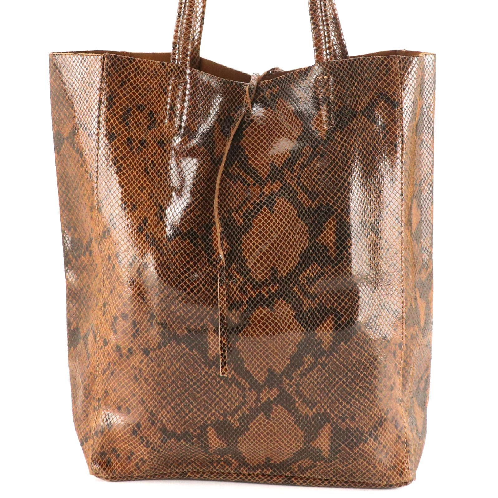 Snakeskin Print Leather Tote Bag