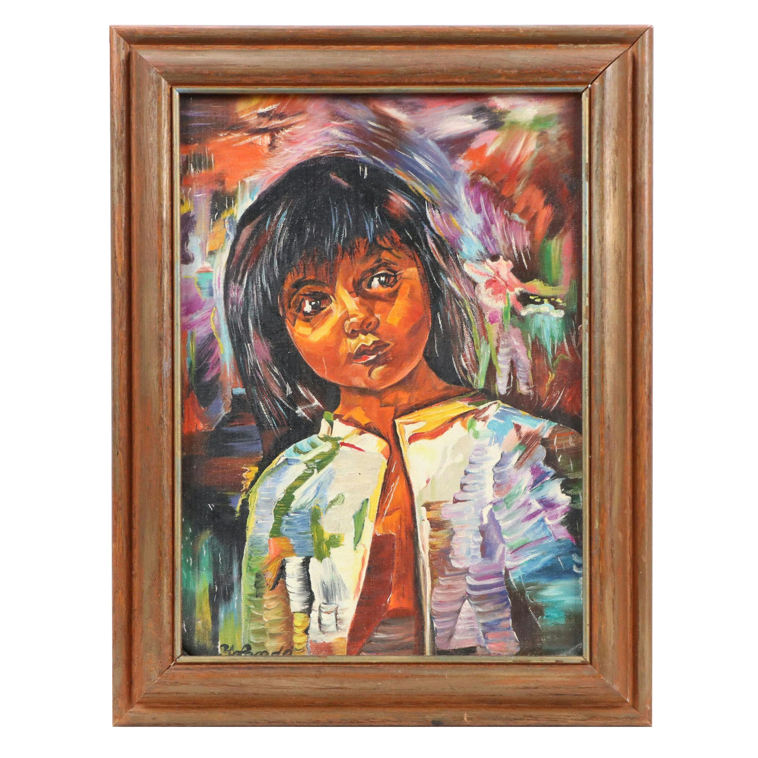Oil Portrait Painting of Child, Late 20th Century