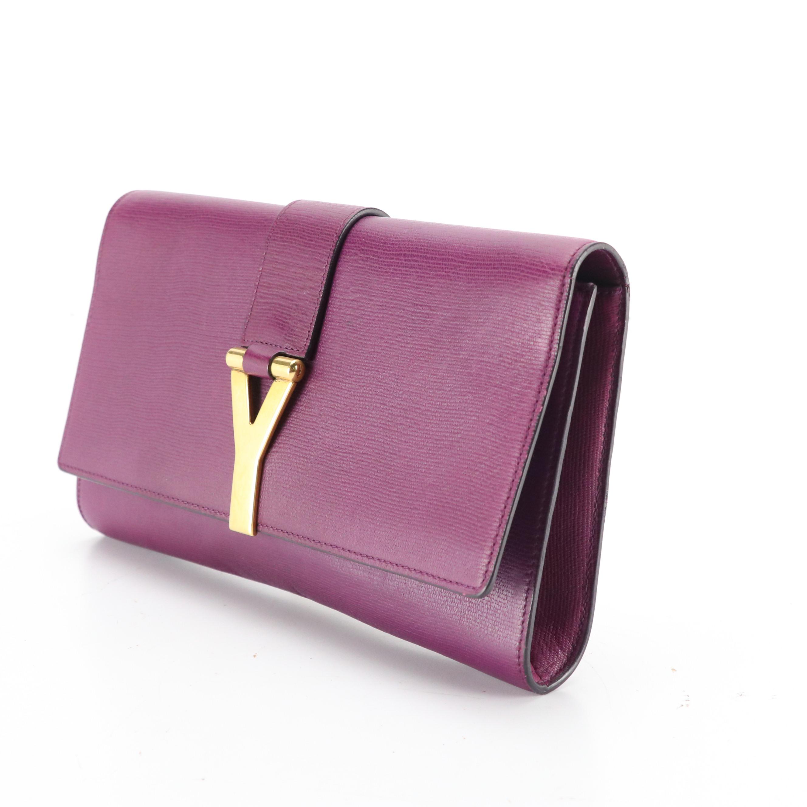 Yves Saint Laurent Y Ligne Flap Clutch in Textured Violet Calfskin Leather
