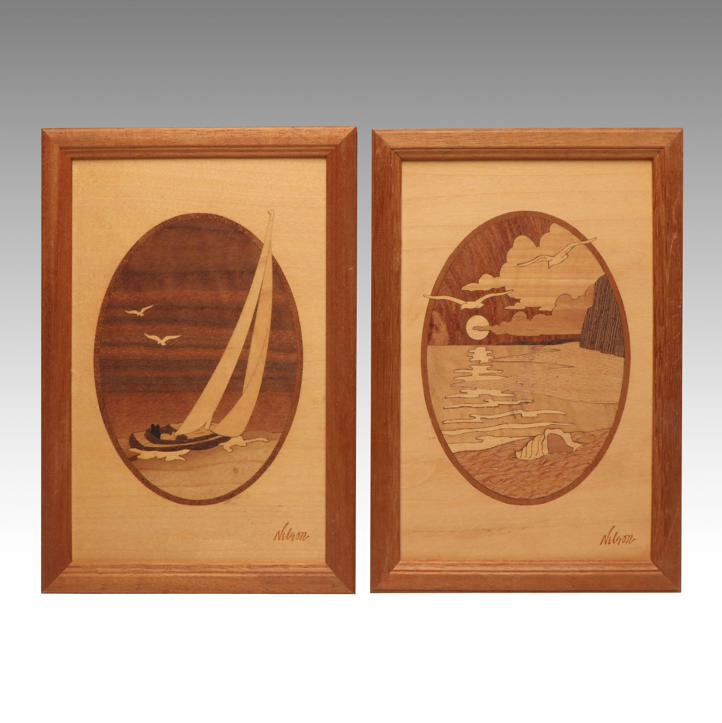 Nelson "Hudson River" and "Sailboat in Seascape" Marquetry Inlay Plaques