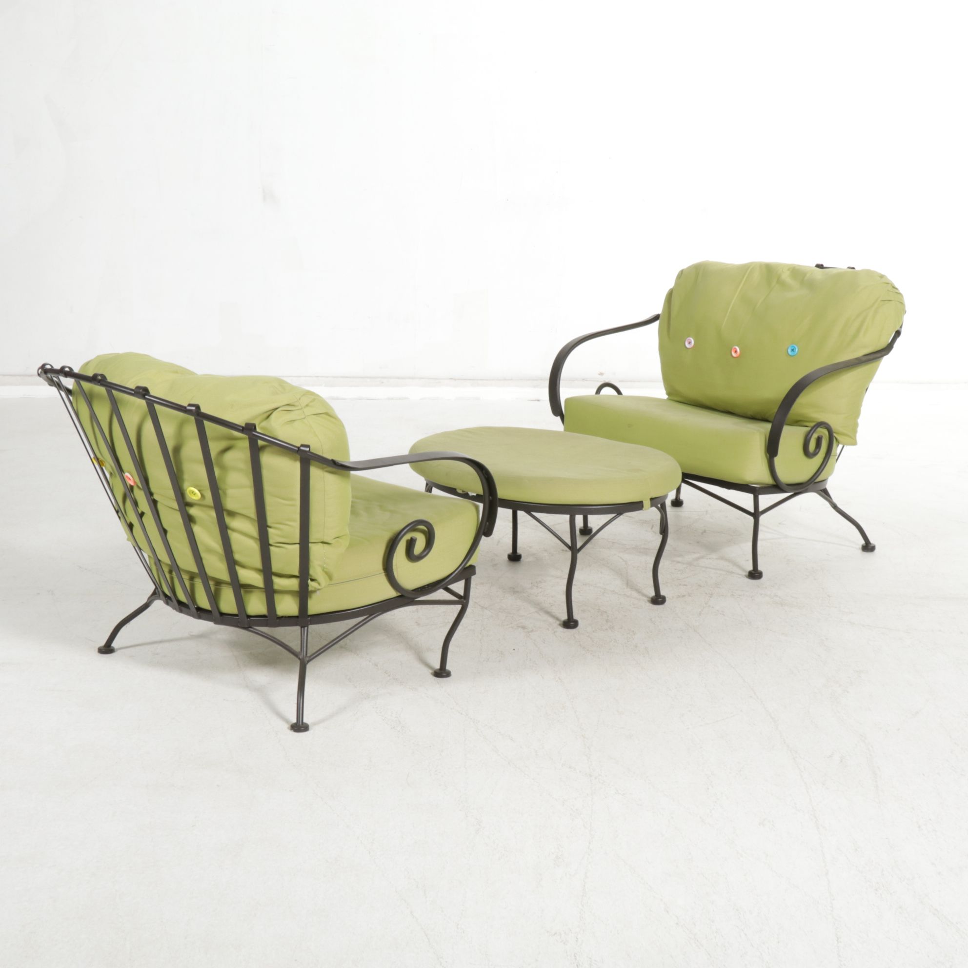 Wrought Iron Patio Armchairs with Multicolor Buttons and Footstool