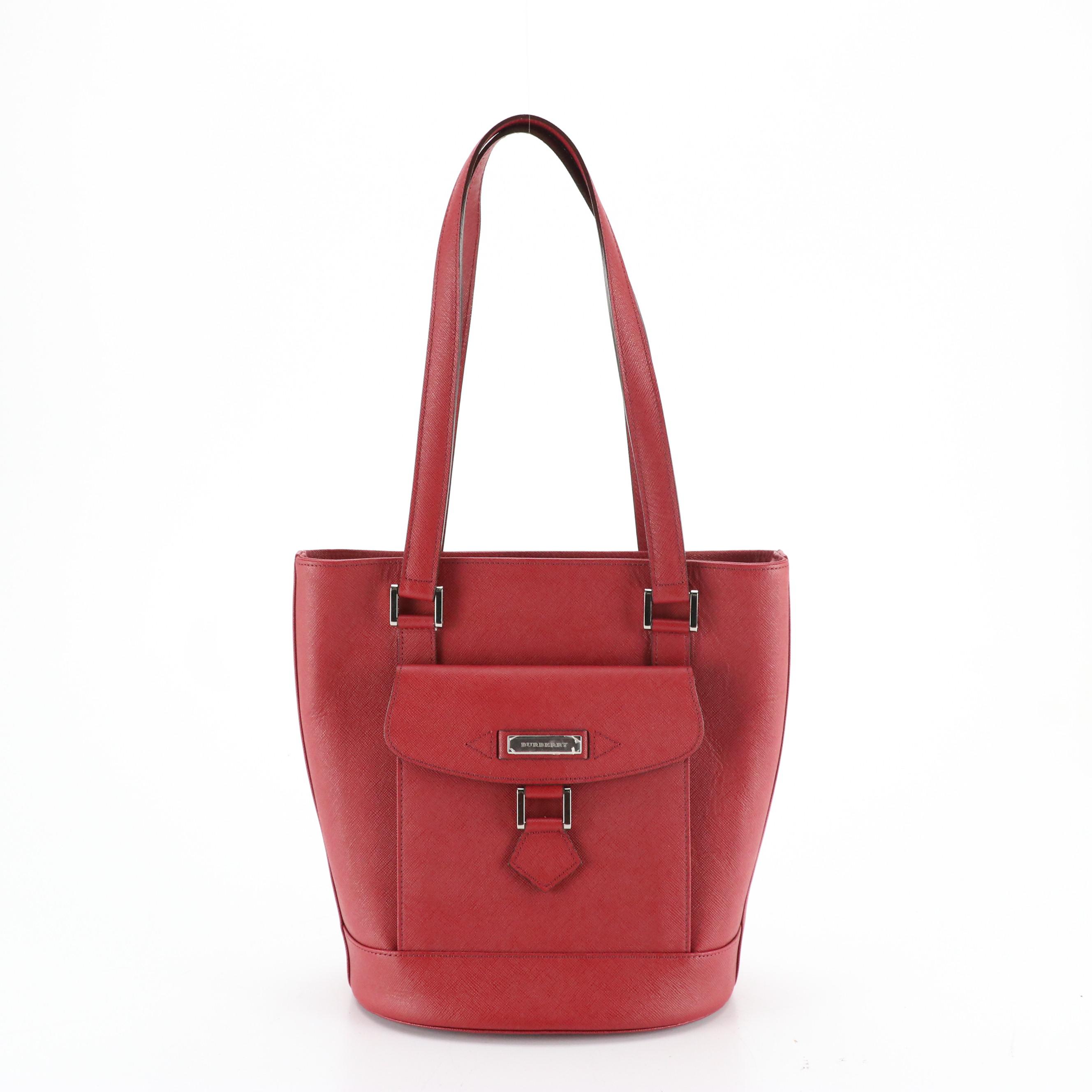 Burberry Front Pocket Bucket Tote in Red Saffiano Leather