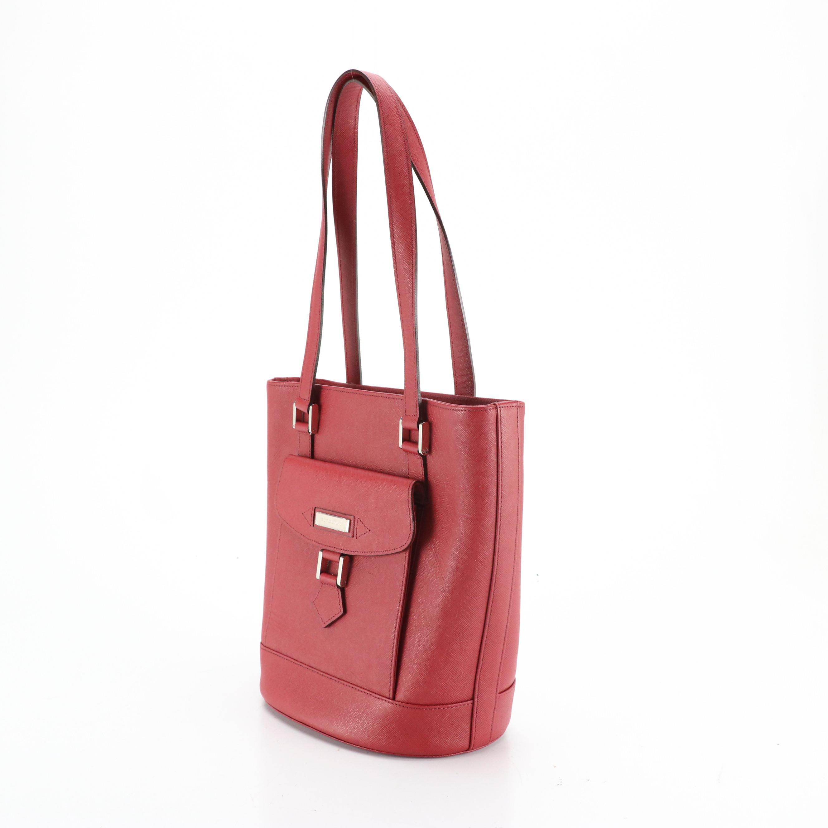 Burberry Front Pocket Bucket Tote in Red Saffiano Leather
