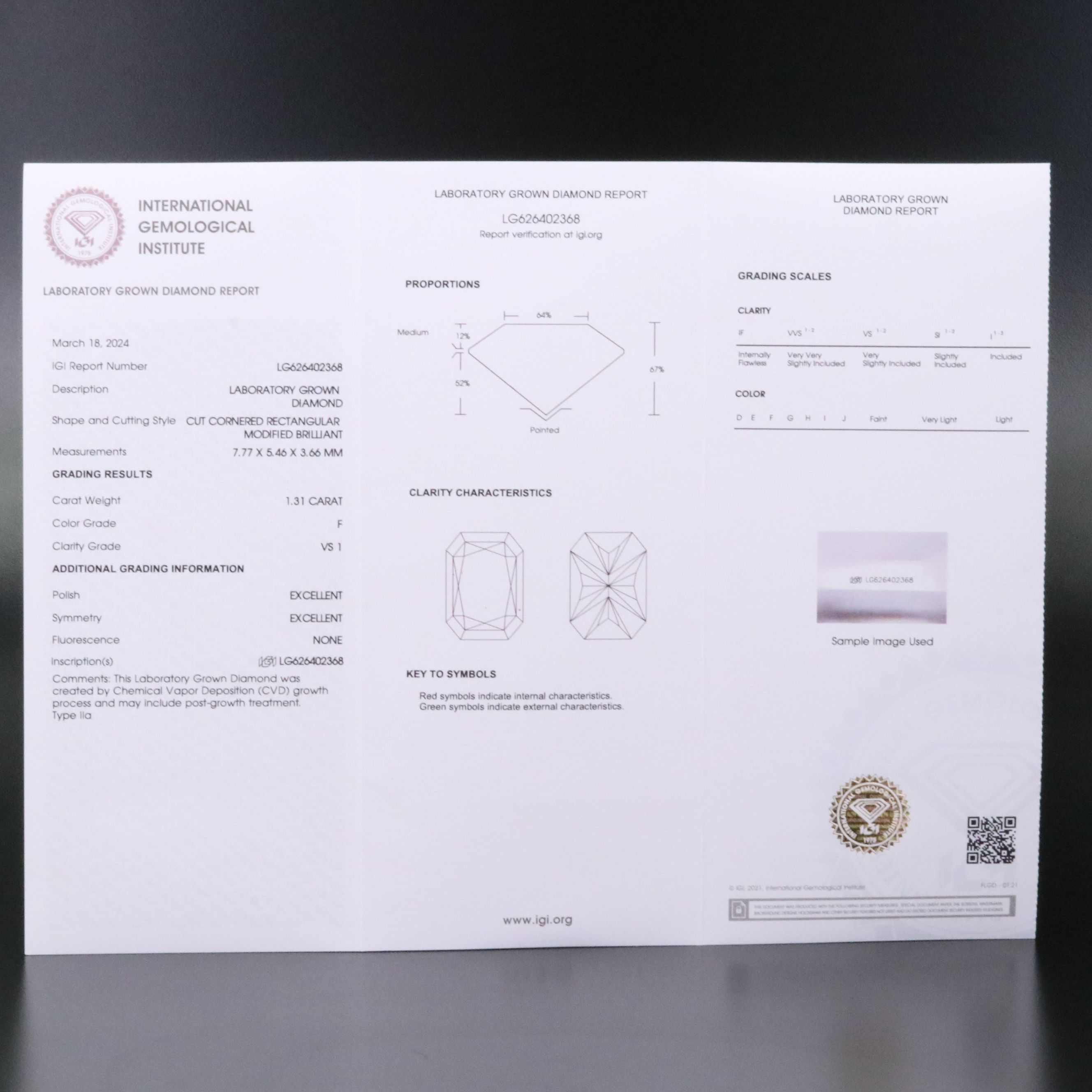 Loose 1.31 CT Lab Grown Diamond with IGI Report